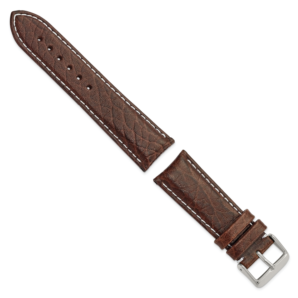 Brown Genuine Leather Watch Band with White Stitching and Silver-Tone Buckle 22mm