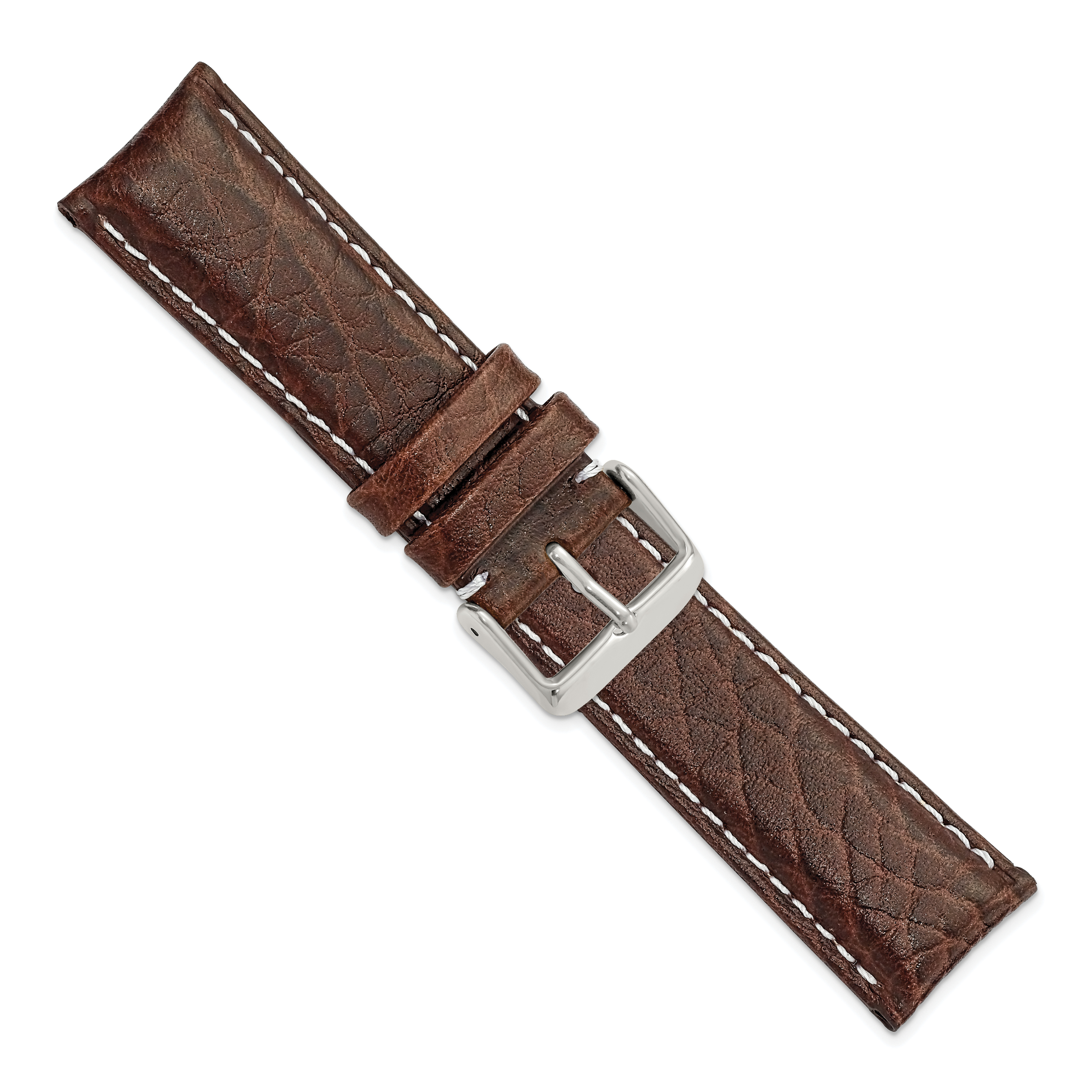 Brown Genuine Leather Watch Band with White Stitching and Silver-Tone Buckle 22mm