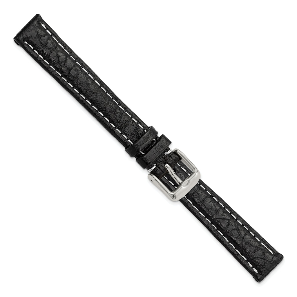 DeBeer 14mm Black Sport Leather with White Stitching and Silver-tone Buckle 6.75 inch Watch Band