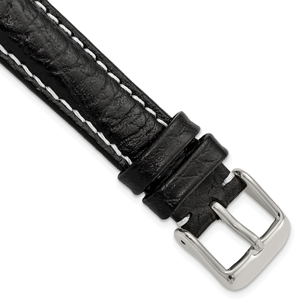 Sport Watch Band in Black Leather with White Stitching, 26mm