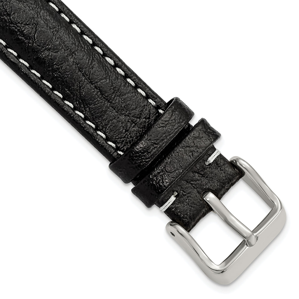 Sport Watch Band in Black Leather with White Stitching, 26mm