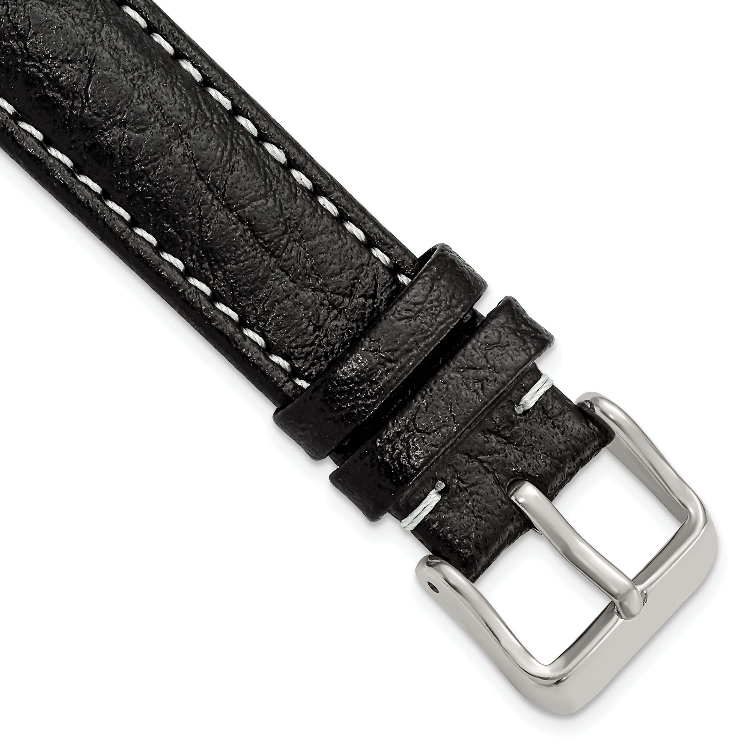 Sport Watch Band in Black Leather with White Stitching, 26mm
