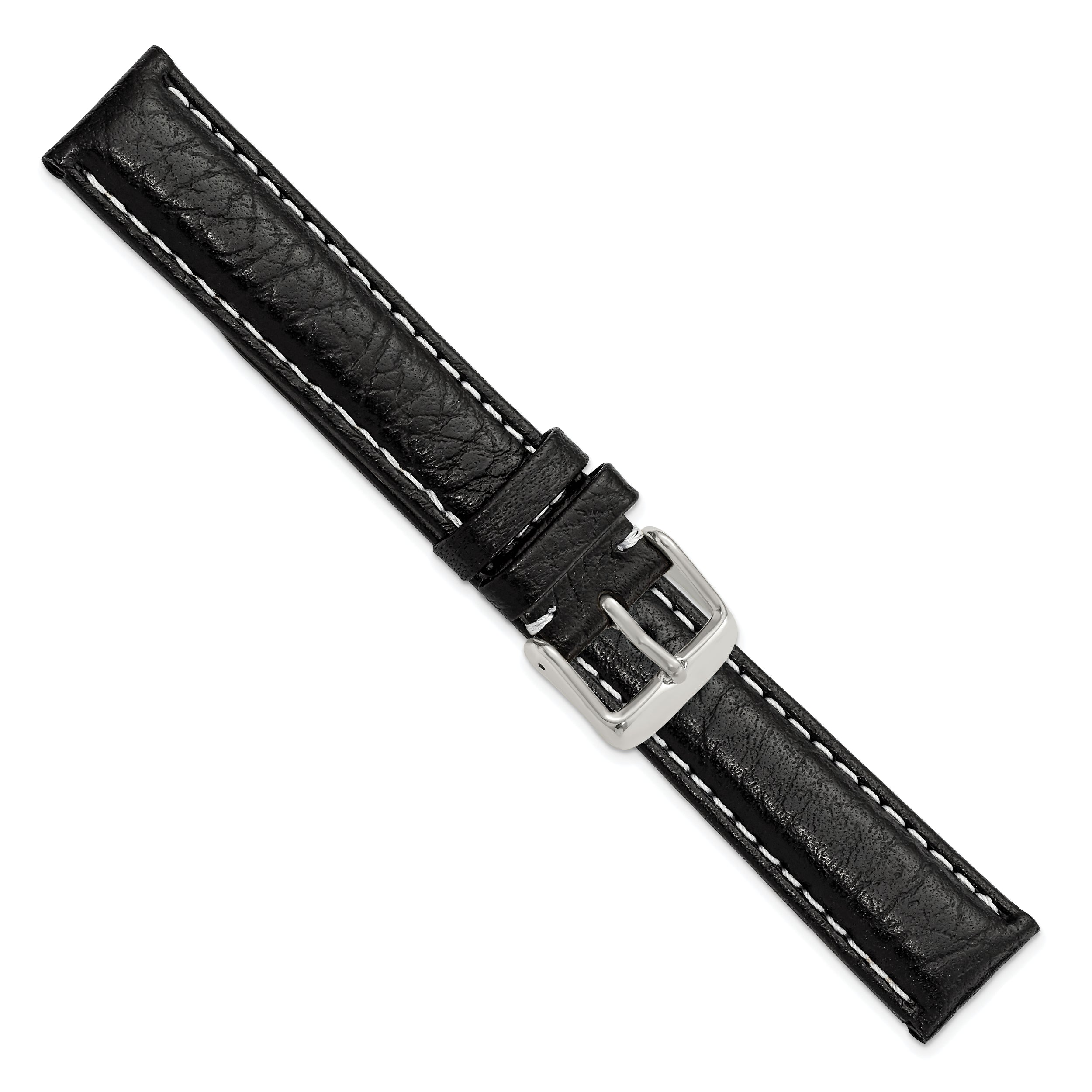 18mm Black Sport Leather with White Stitching and Silver-tone Buckle 7.5 inch Watch Band