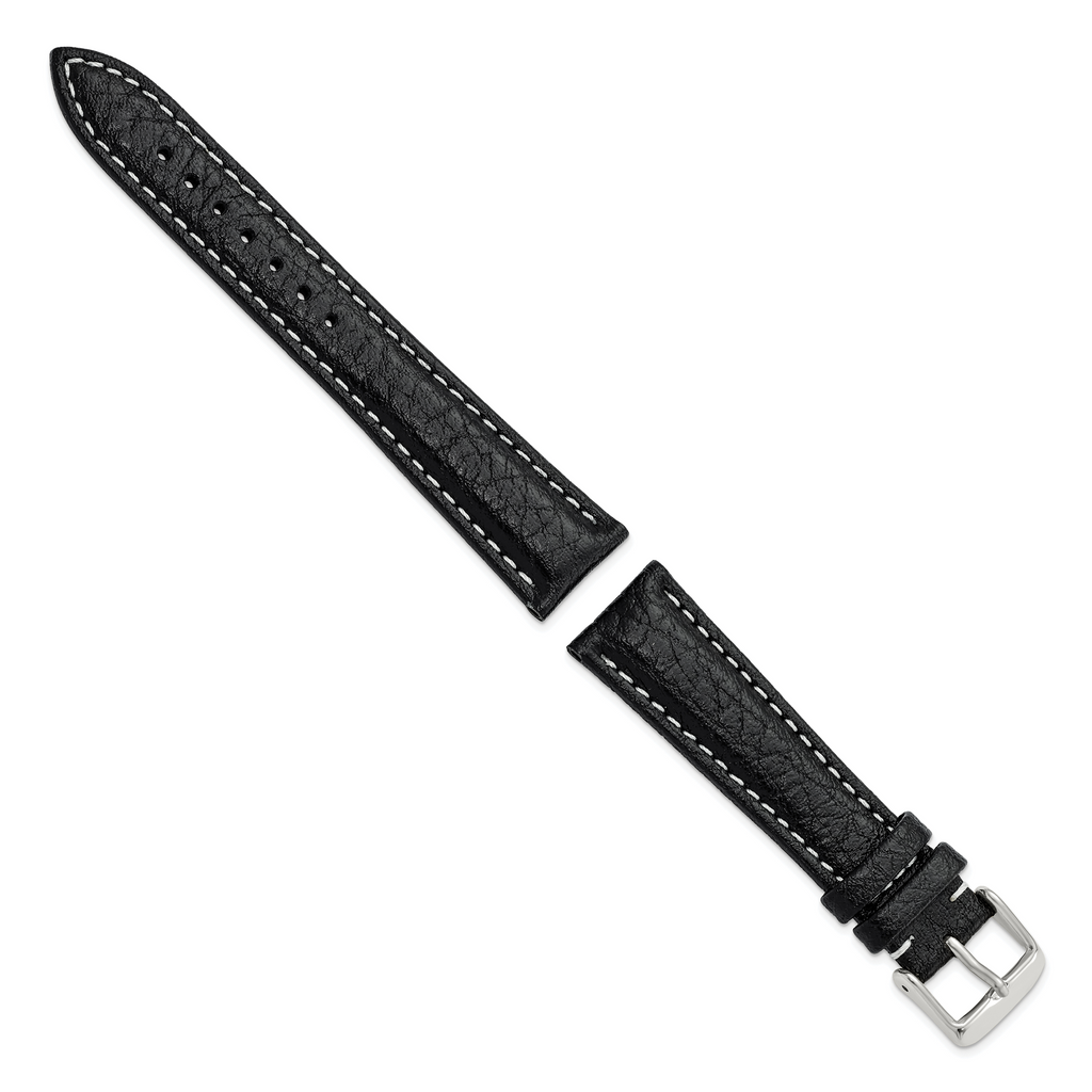 DeBeer 19mm Black Sport Leather with White Stitching and Silver-tone Buckle 7.5 inch Watch Band