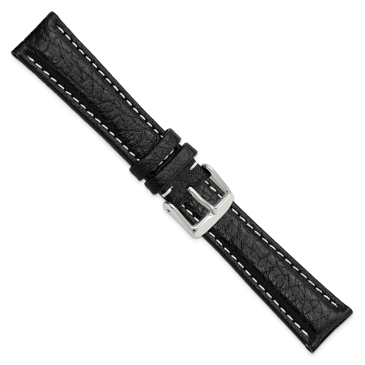 DeBeer 19mm Black Sport Leather with White Stitching and Silver-tone Buckle 7.5 inch Watch Band