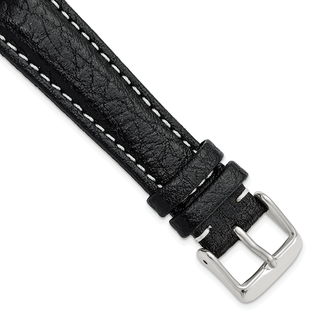 Sport Watch Band in Black Leather with White Stitching, 26mm
