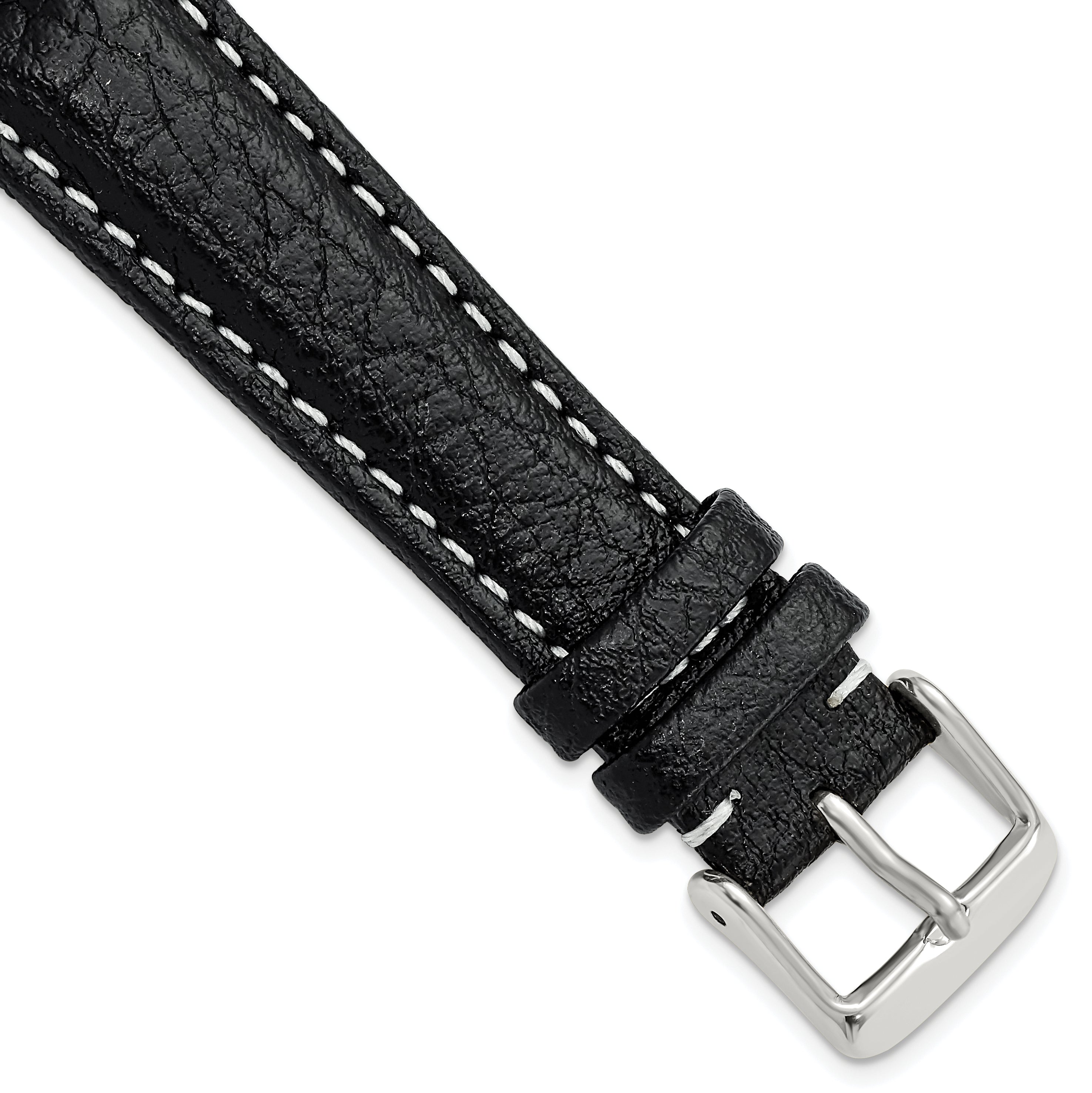 Sport Watch Band in Black Leather with White Stitching, 26mm