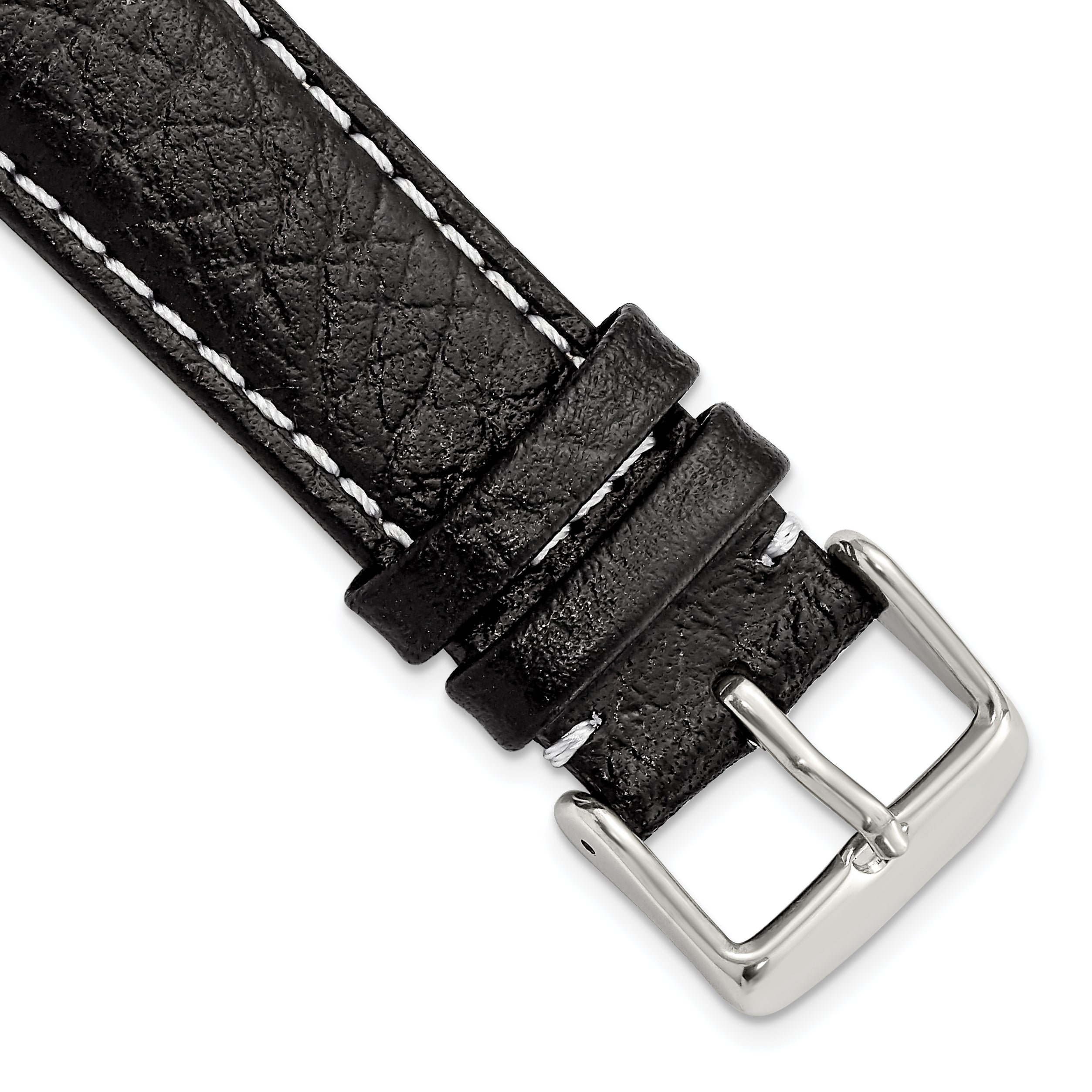 20mm Black Sport Leather with White Stitching and Silver-tone Buckle 7.5 inch Watch Band