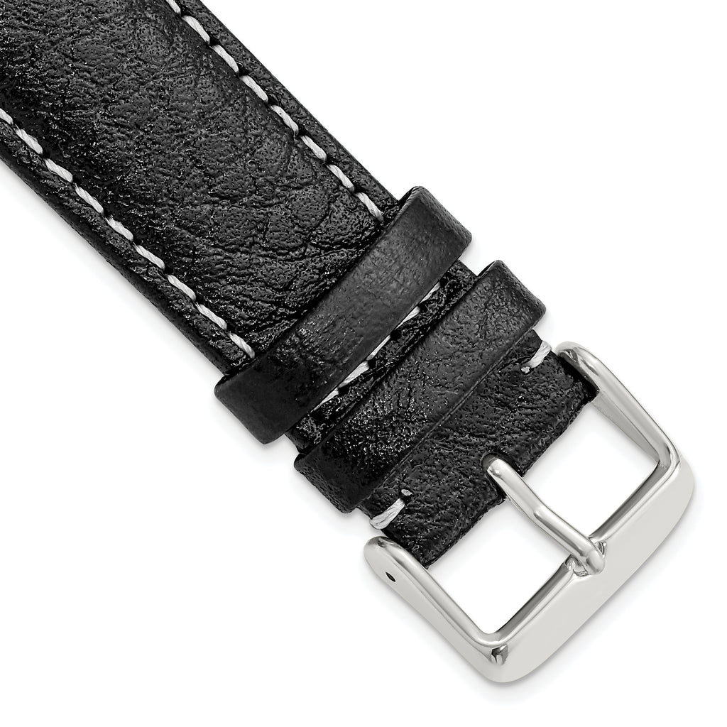 Sport Watch Band in Black Leather with White Stitching, 26mm