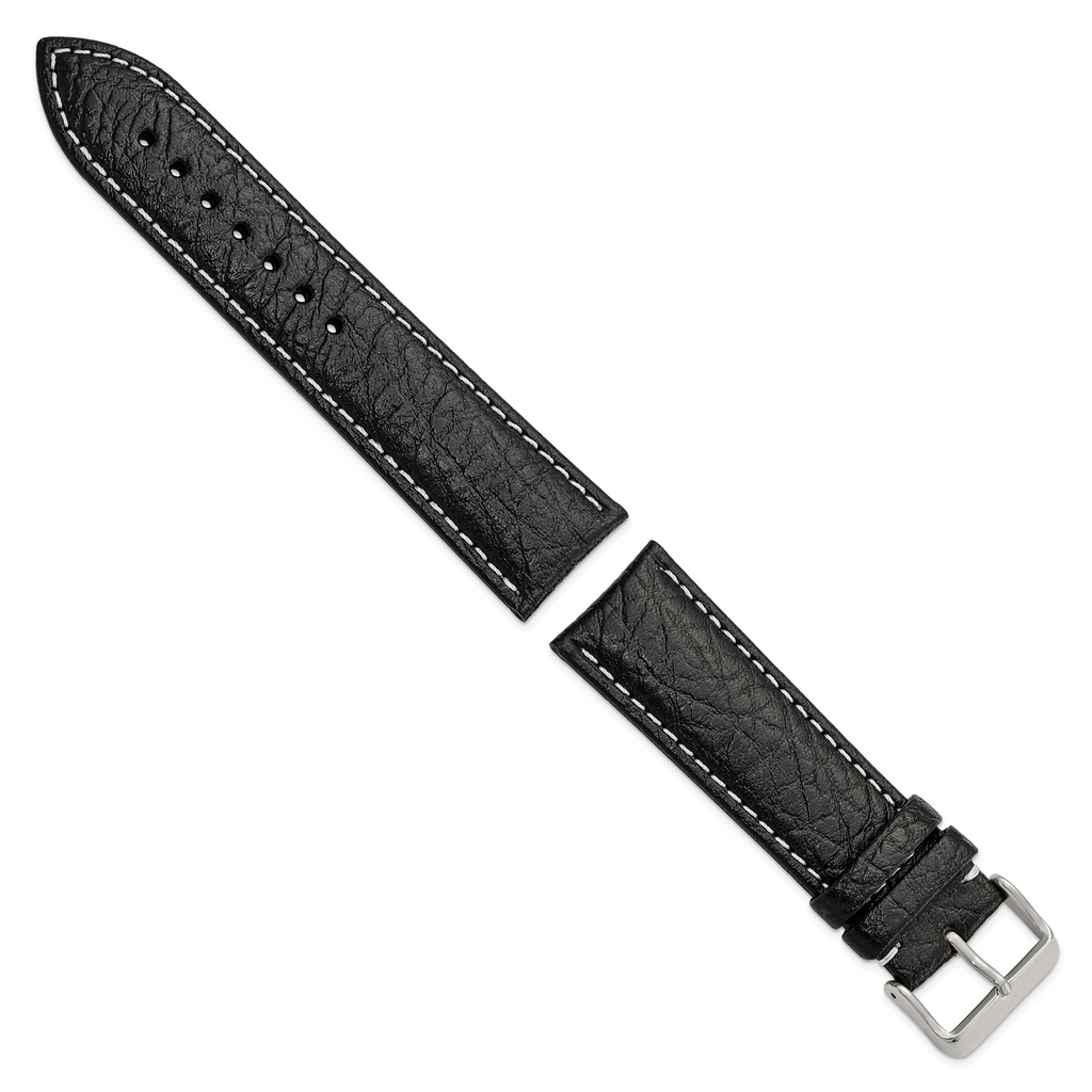 DeBeer 24mm Black Sport Leather with White Stitching and Silver-tone Buckle 7.5 inch Watch Band