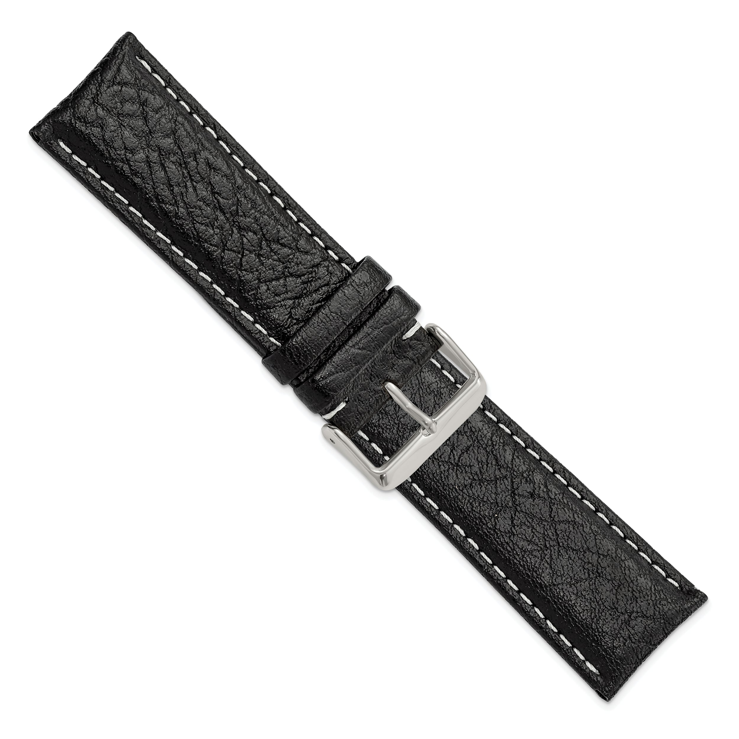 26mm Black Sport Leather with White Stitching and Silver-tone Buckle 7.5 inch Watch Band