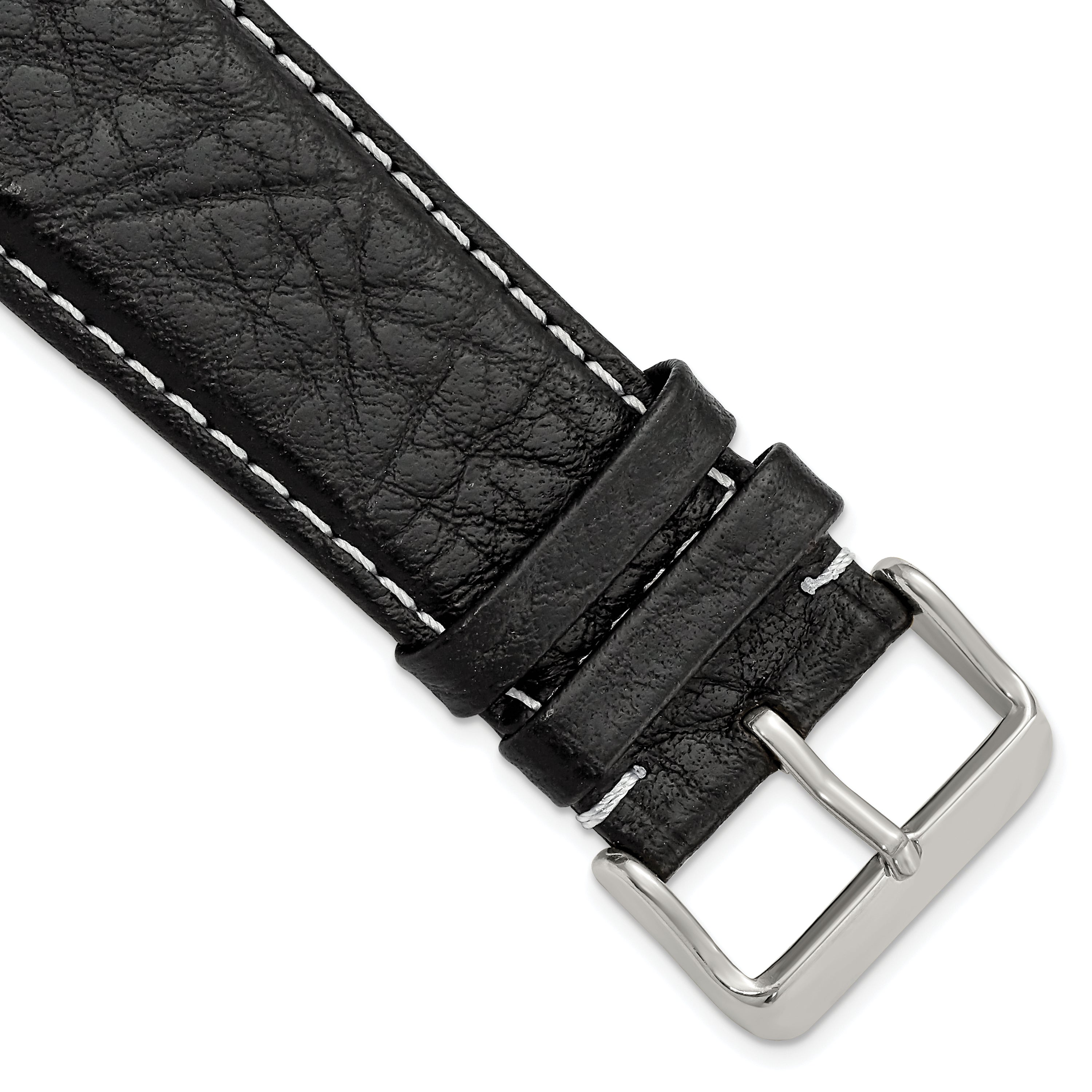 Sport Watch Band in Black Leather with White Stitching, 26mm