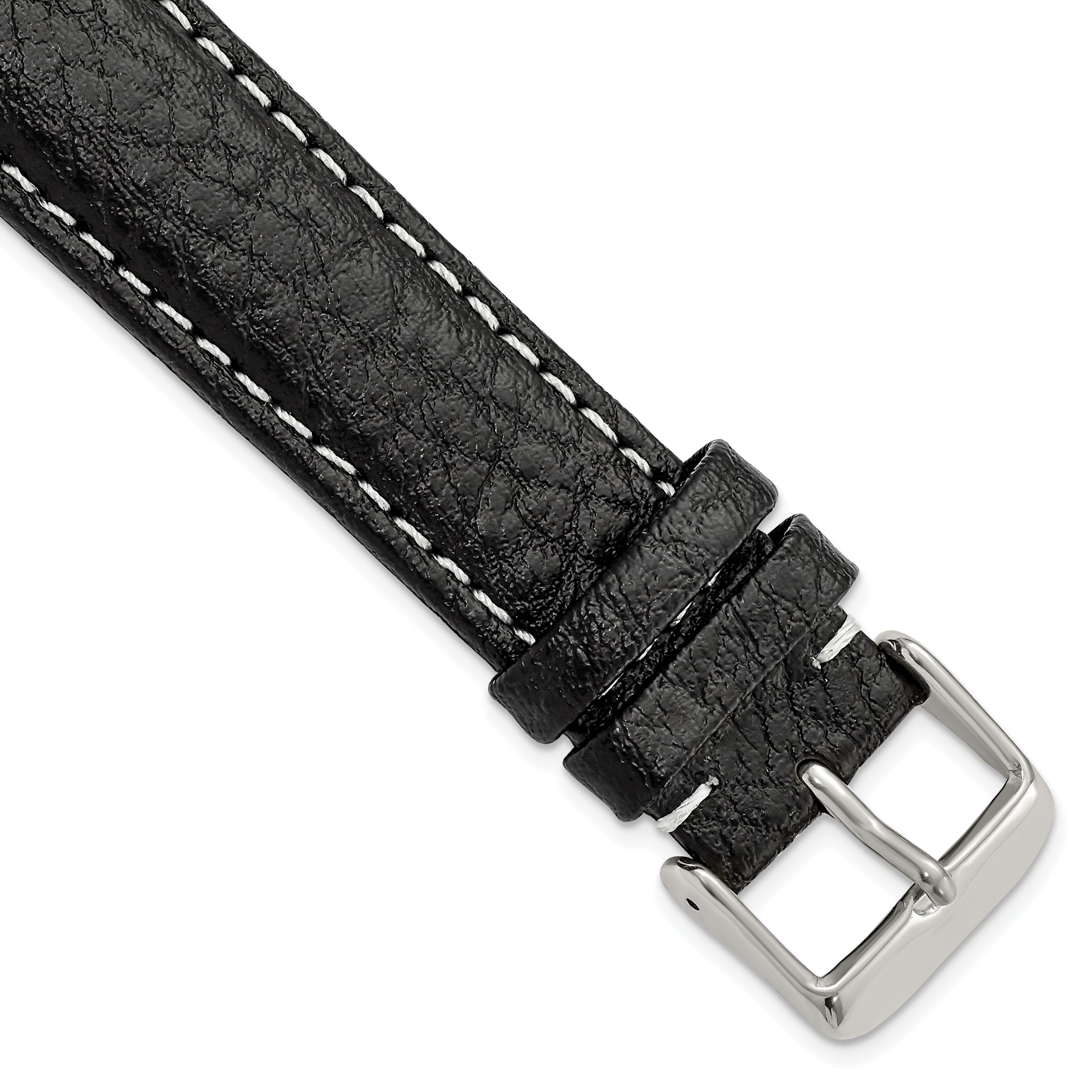 16mm Long Black Sport Leather with White Stitching and Silver-tone Buckle 8.5 inch Watch Band