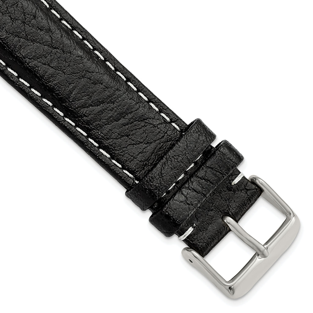 Black Sport Watch Band in Leather with White Stitching, 16mm
