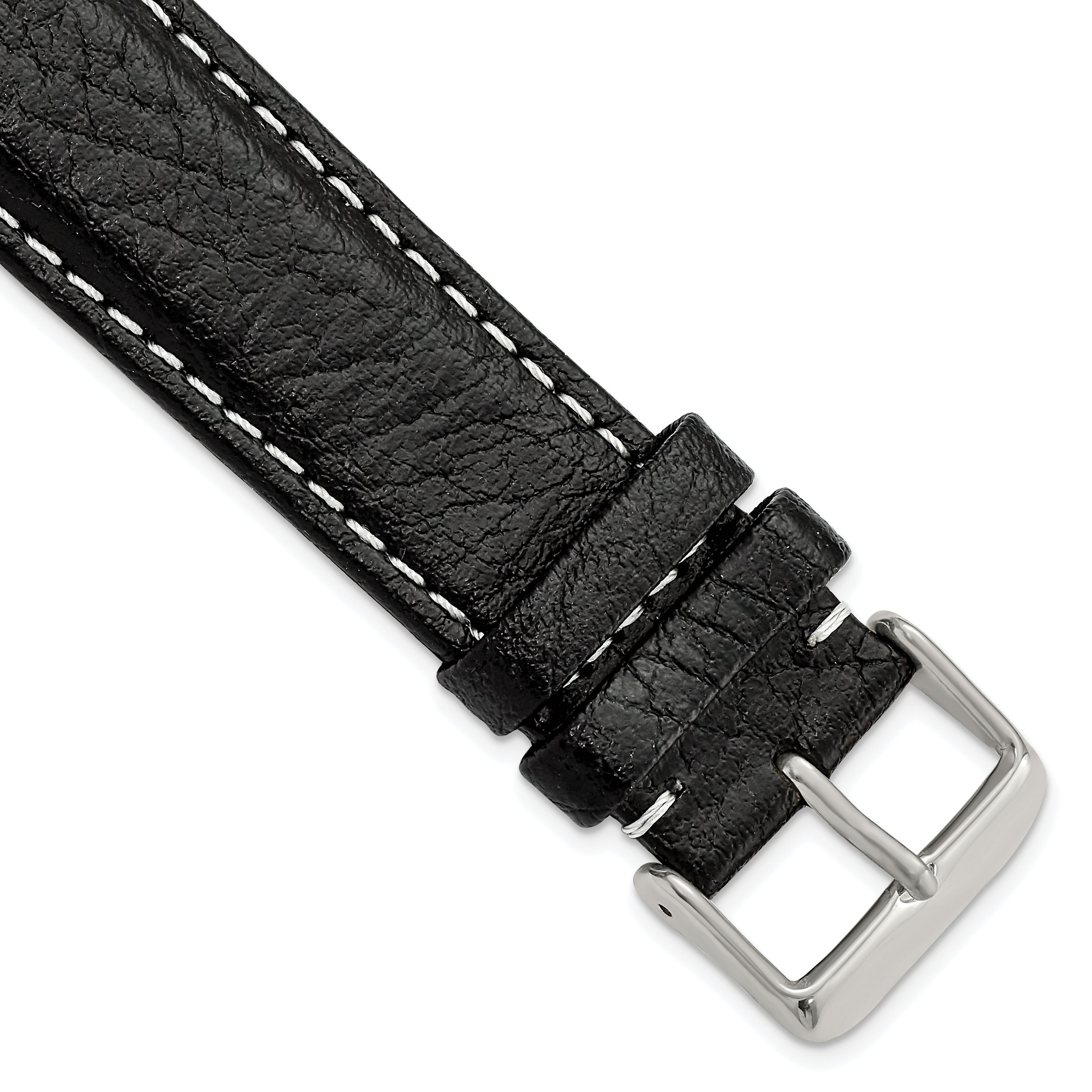 Black Sport Watch Band in Leather with White Stitching, 16mm