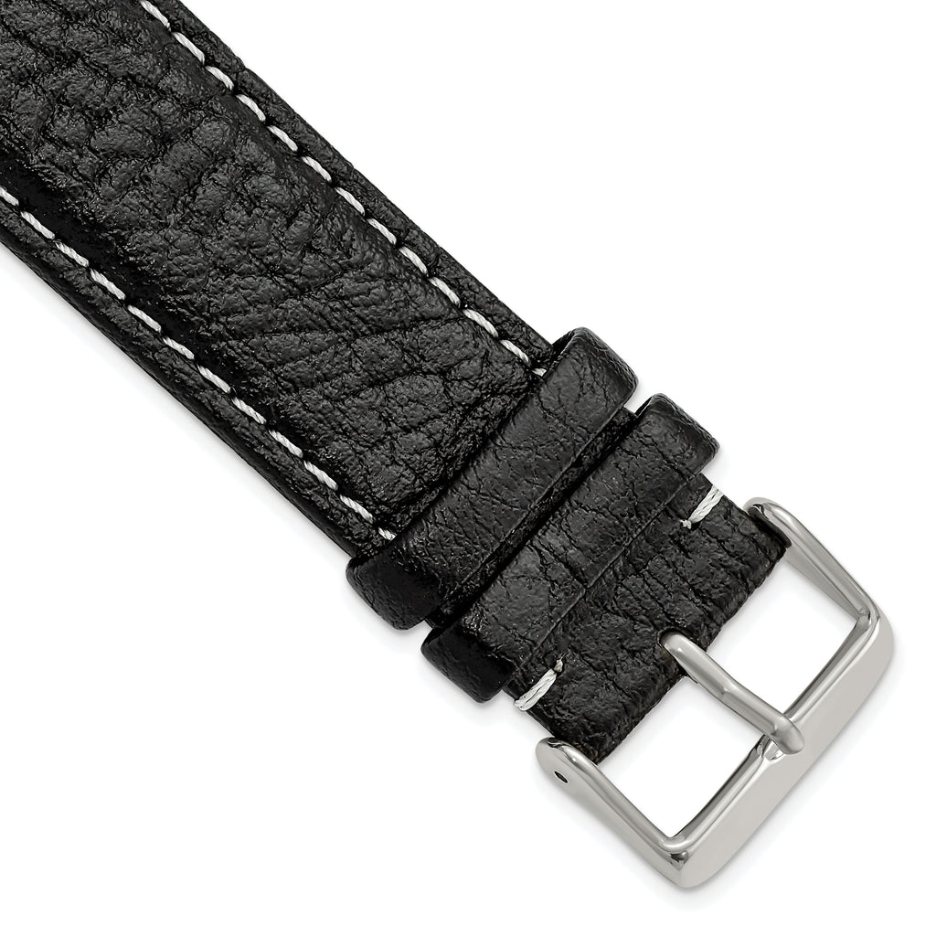 Black Sport Watch Band in Leather with White Stitching, 16mm