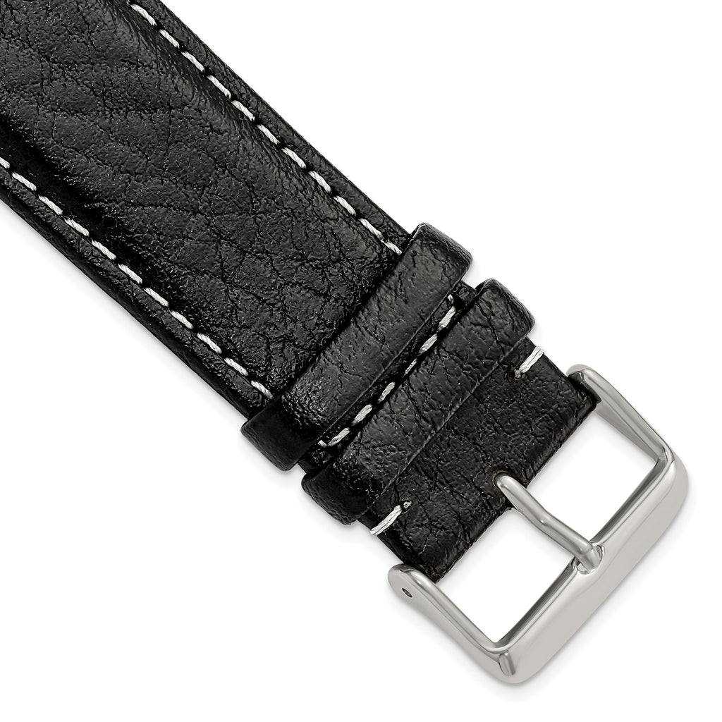 Black Sport Watch Band in Leather with White Stitching, 16mm