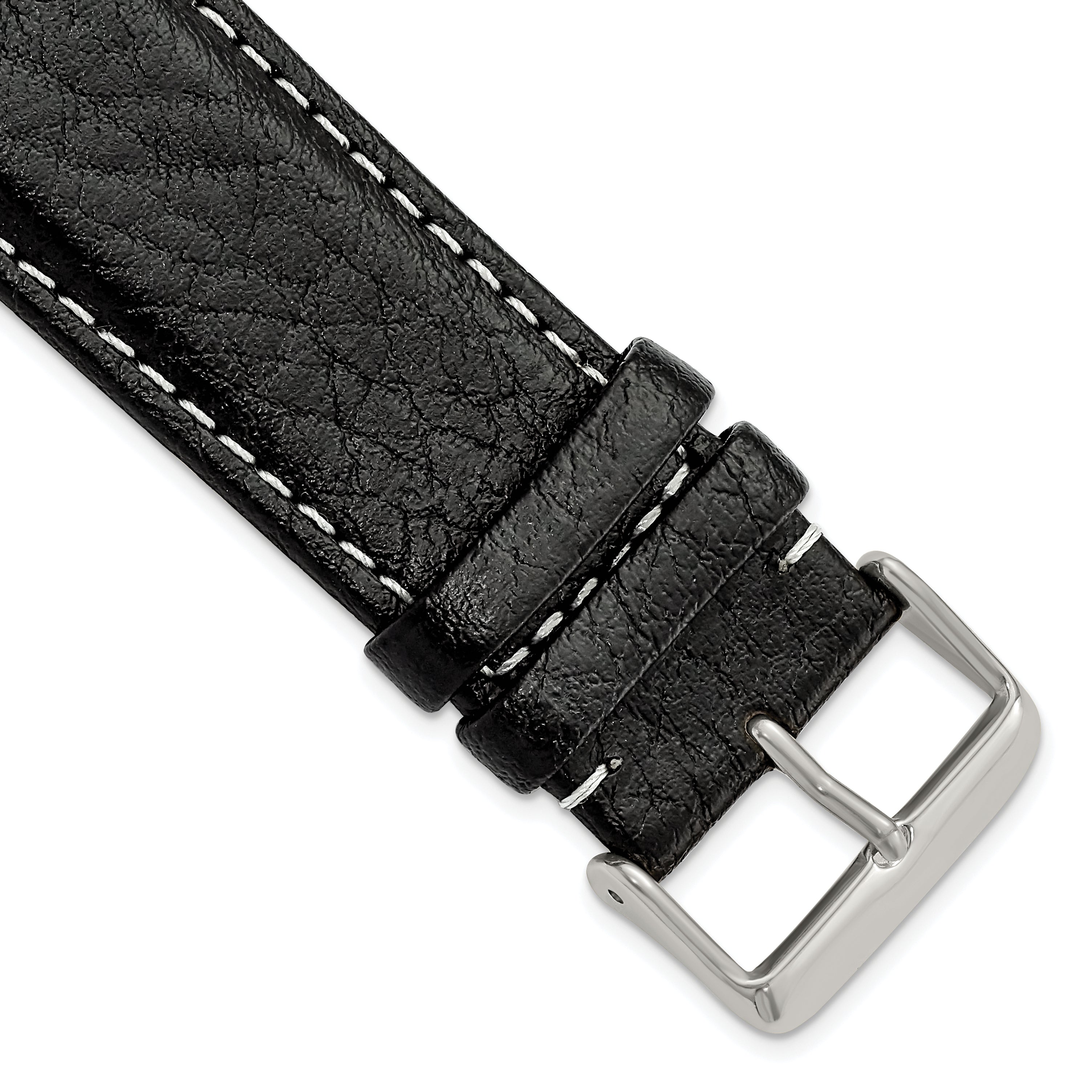 Black Sport Watch Band in Leather with White Stitching, 16mm