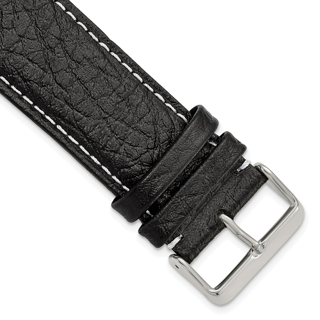 Black Sport Watch Band in Leather with White Stitching, 16mm