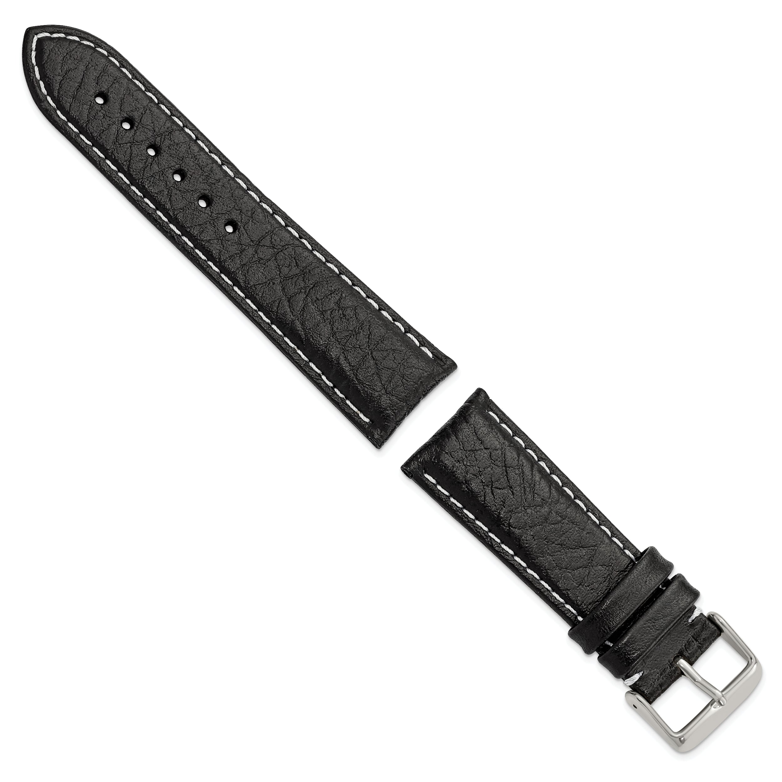 26mm Short Black Sport Leather with White Stitching and Silver-tone Buckle 6.75 inch Watch Band