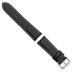 26mm Short Black Sport Leather with White Stitching and Silver-tone Buckle 6.75 inch Watch Band