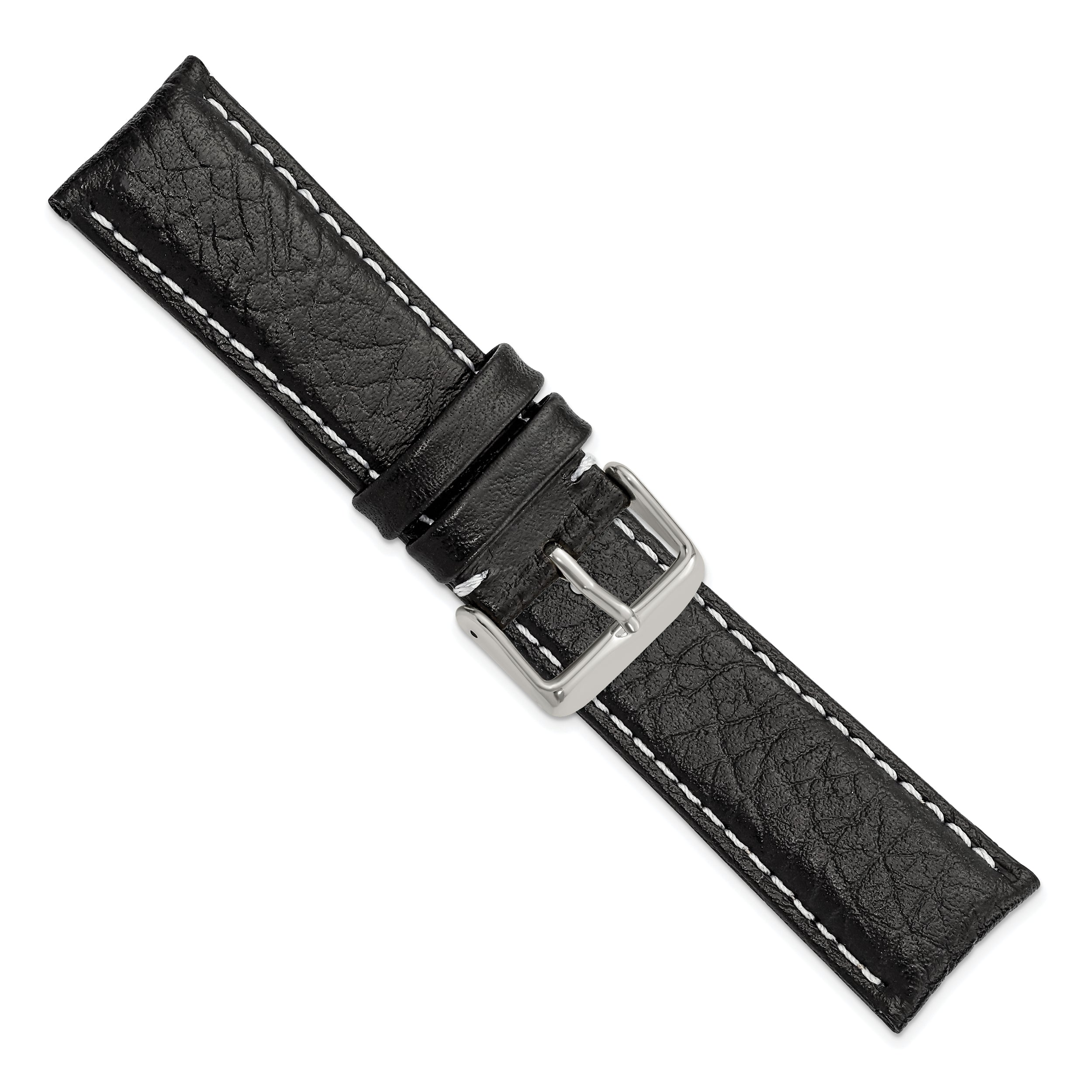 26mm Short Black Sport Leather with White Stitching and Silver-tone Buckle 6.75 inch Watch Band