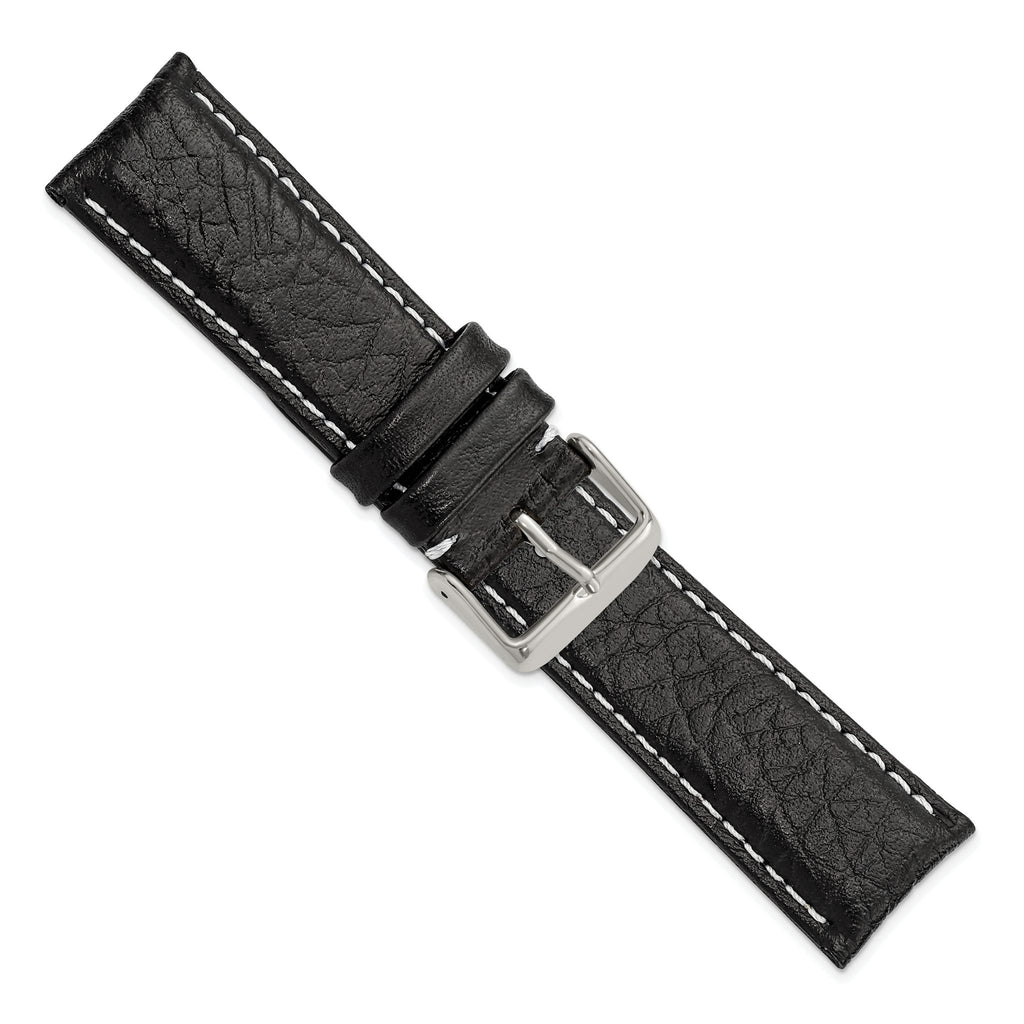 DeBeer 22mm Short Black Sport Leather with White Stitching and Silver-tone Buckle 6.75 inch Watch Band