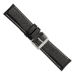 26mm Short Black Sport Leather with White Stitching and Silver-tone Buckle 6.75 inch Watch Band