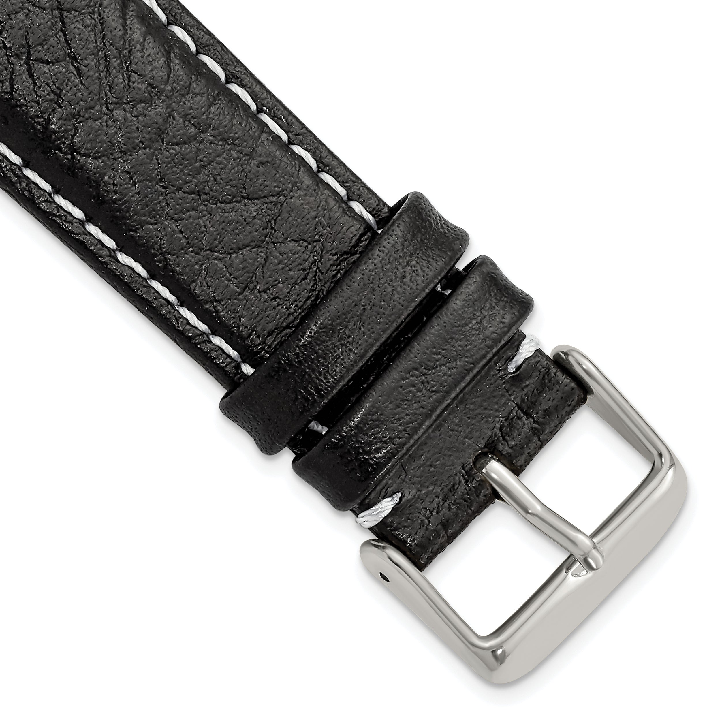 26mm Short Black Sport Leather with White Stitching and Silver-tone Buckle 6.75 inch Watch Band