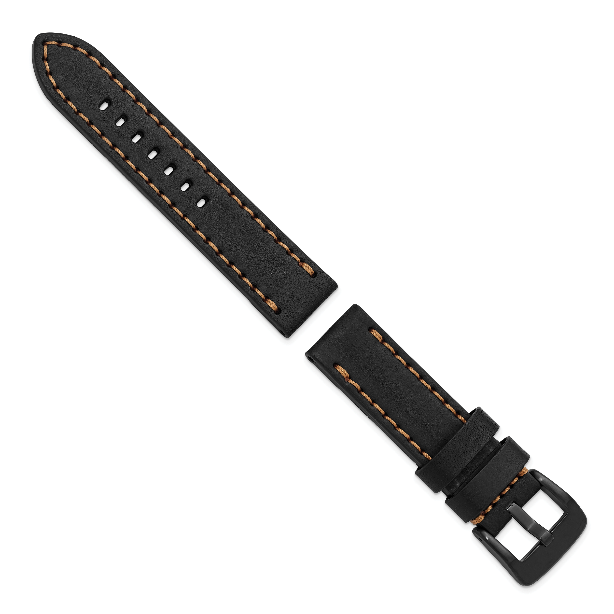 22mm Black Thick and Heavy Sport Calfskin Leather with Caramel Stitching and Black IP-plated Stainless Steel Buckle 8.1 inch Watch Band Secondary image