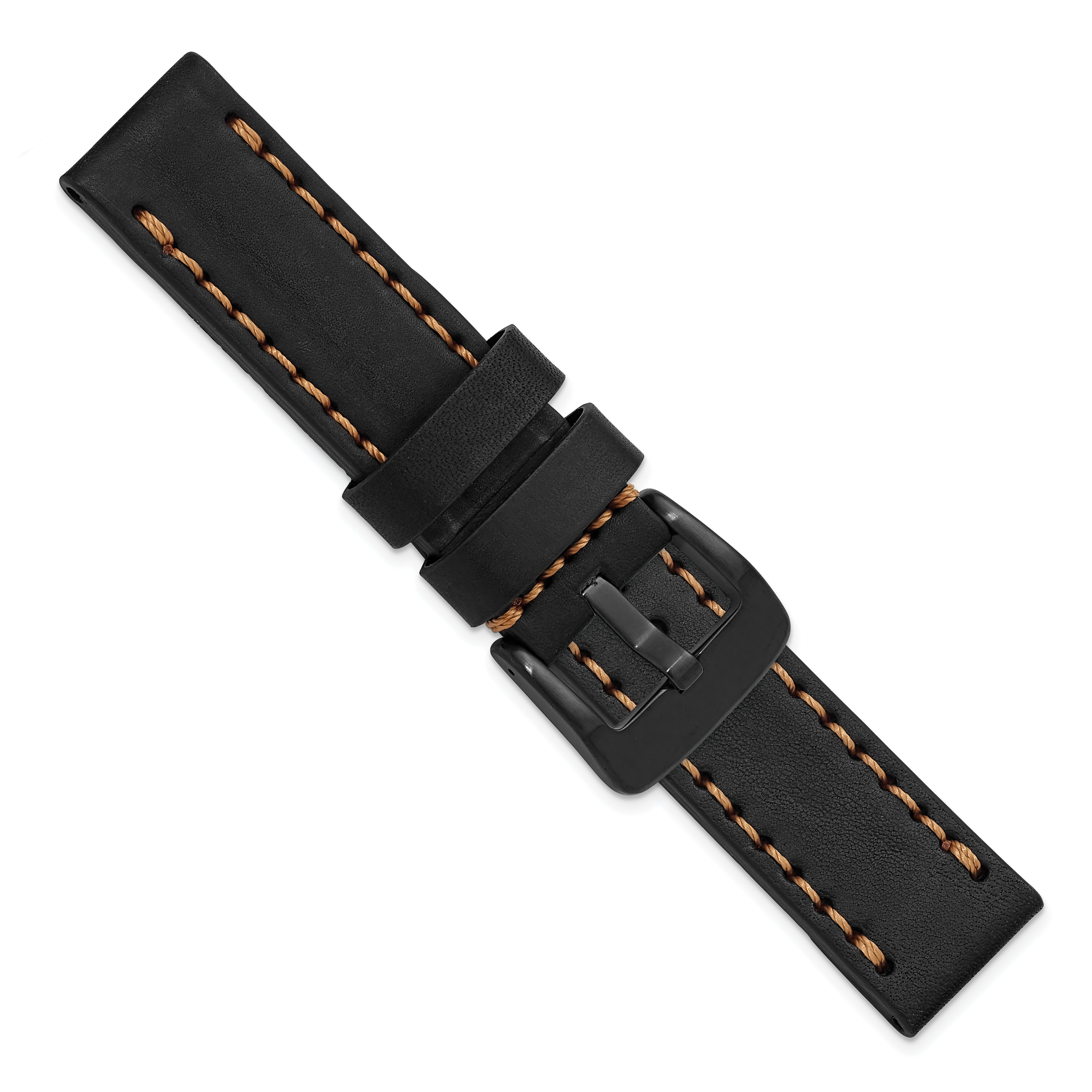 22mm Black Thick and Heavy Sport Calfskin Leather with Caramel Stitching and Black IP-plated Stainless Steel Buckle 8.1 inch Watch Band