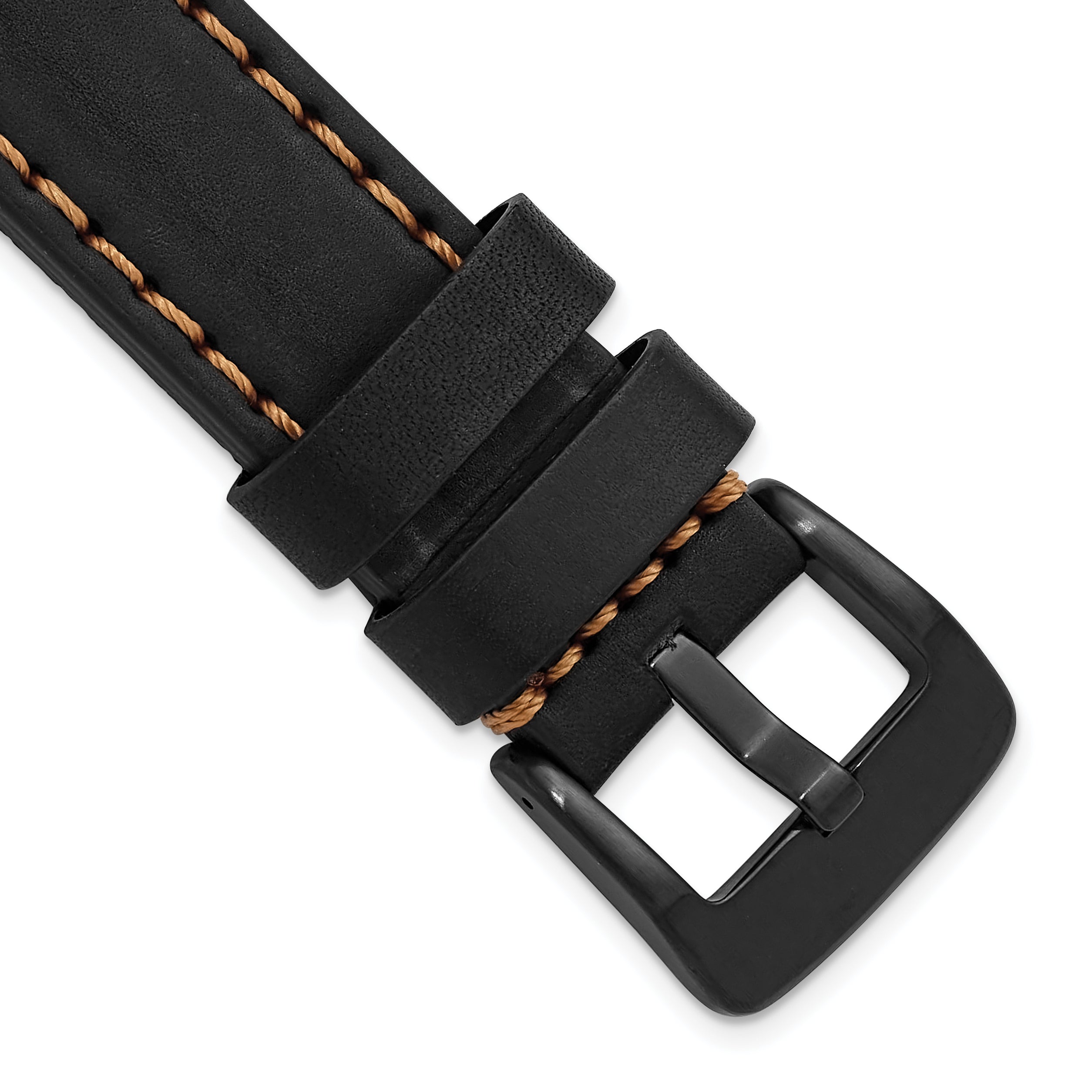 22mm Black Thick and Heavy Sport Calfskin Leather with Caramel Stitching and Black IP-plated Stainless Steel Buckle 8.1 inch Watch Band