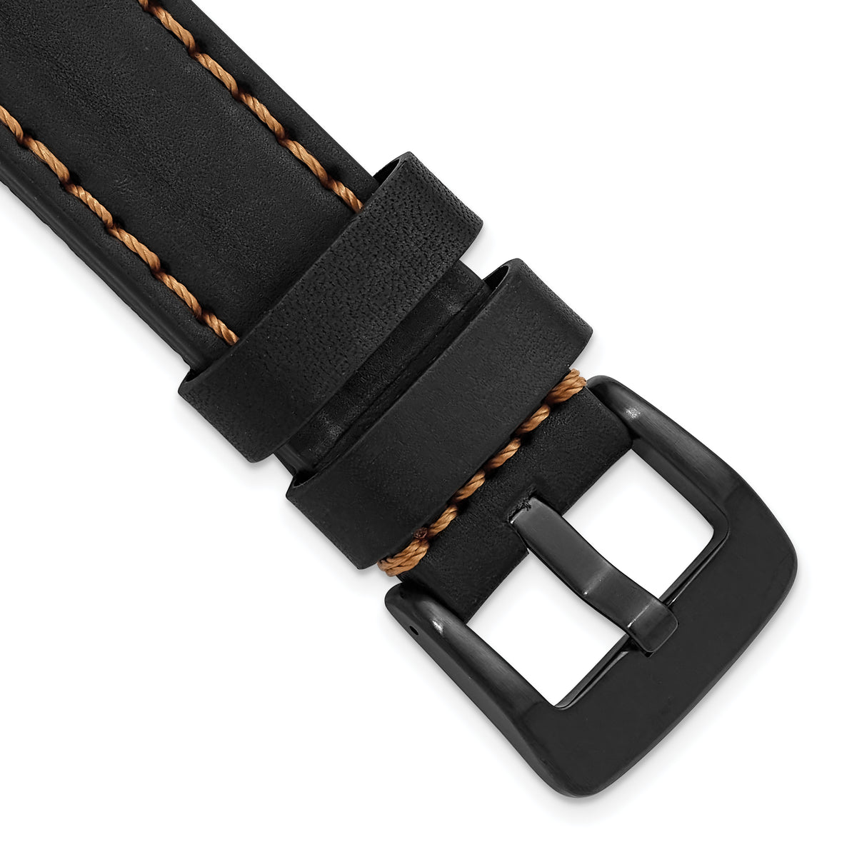 22mm Black Thick and Heavy Sport Calfskin Leather with Caramel Stitching and Black IP-plated Stainless Steel Buckle 8.1 inch Watch Band