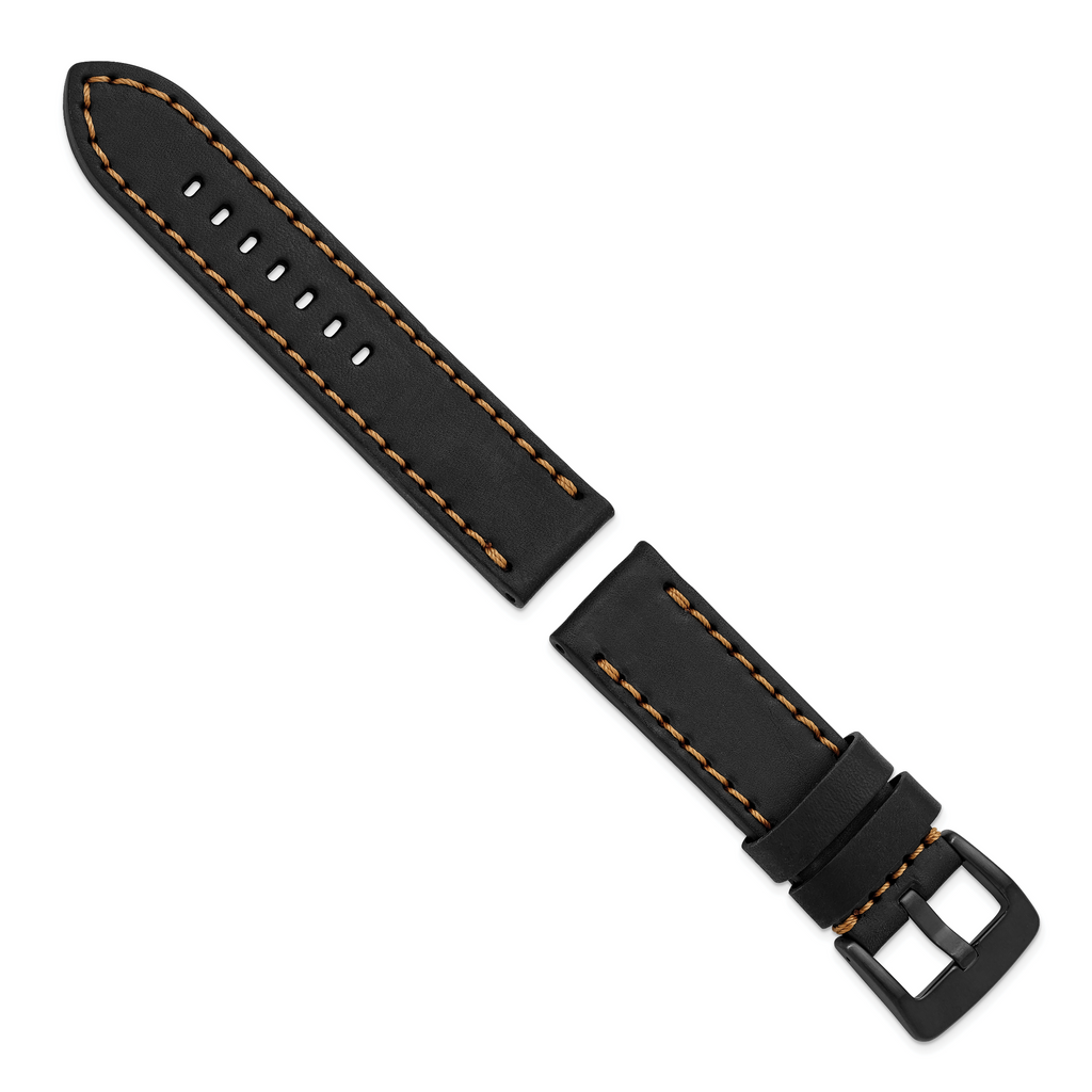 Gilden 24mm Black Thick and Heavy Sport Calfskin Leather with Caramel Stitching and Black IP-plated Stainless Steel Buckle 8.1 inch Watch Band