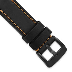 22mm Black Thick and Heavy Sport Calfskin Leather with Caramel Stitching and Black IP-plated Stainless Steel Buckle 8.1 inch Watch Band