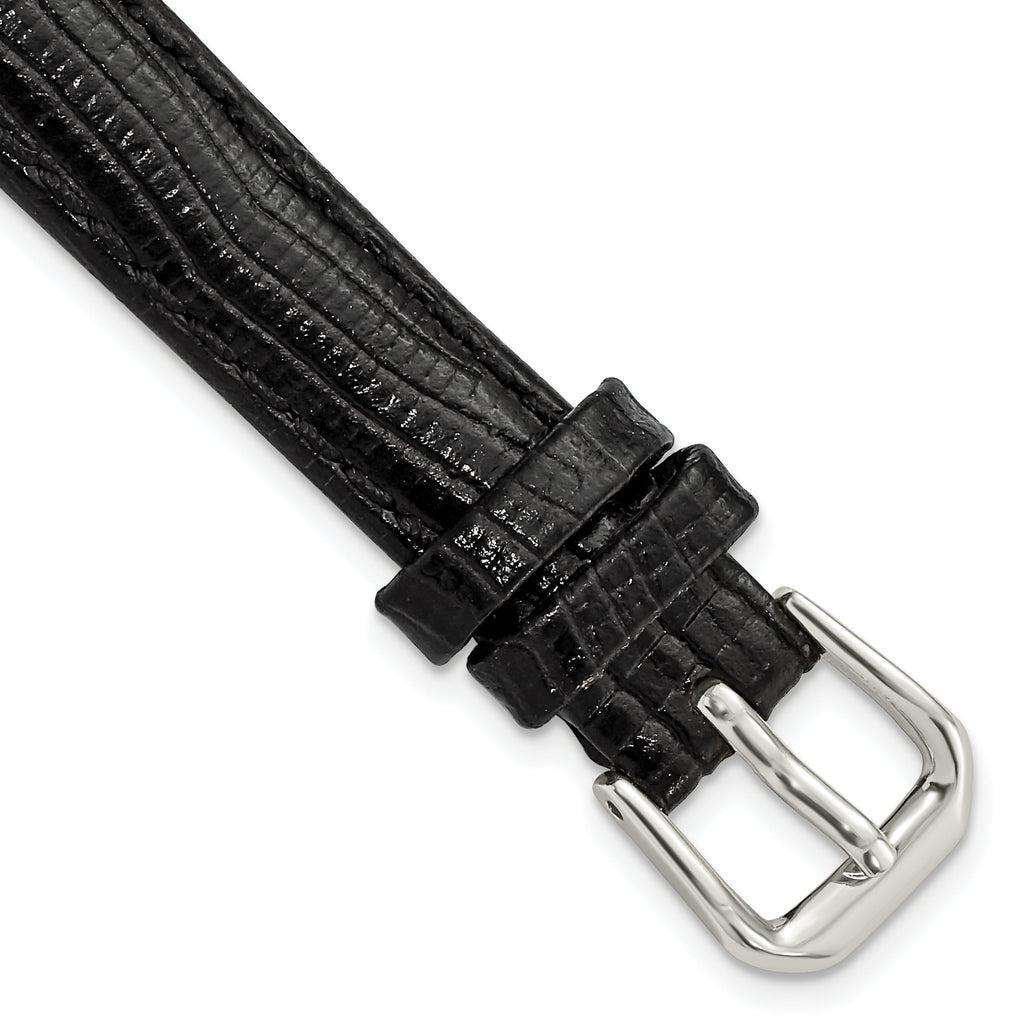12mm Black Snake Grain Leather with Silver-tone Buckle 6.75 inch Watch Band