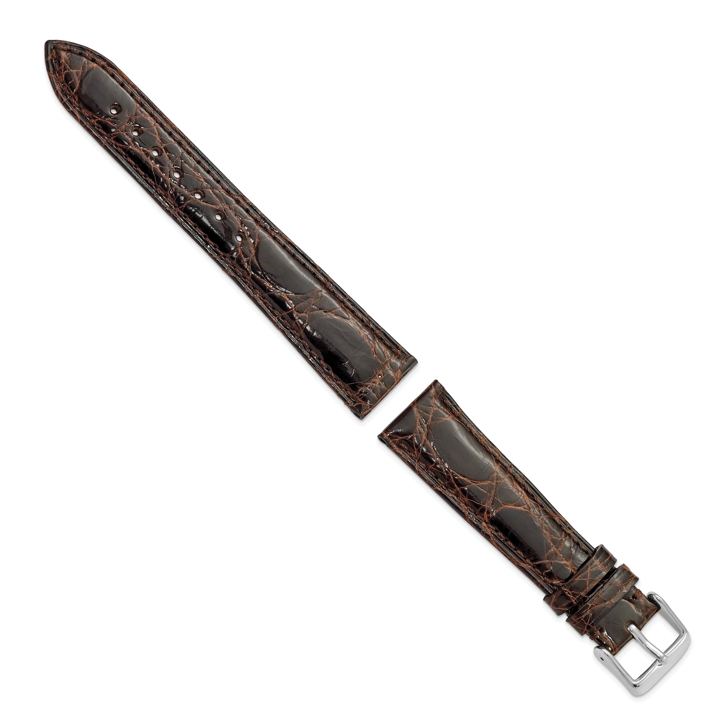 19mm Brown Genuine Caiman Leather with Silver-tone Buckle 7.5 inch Watch Band