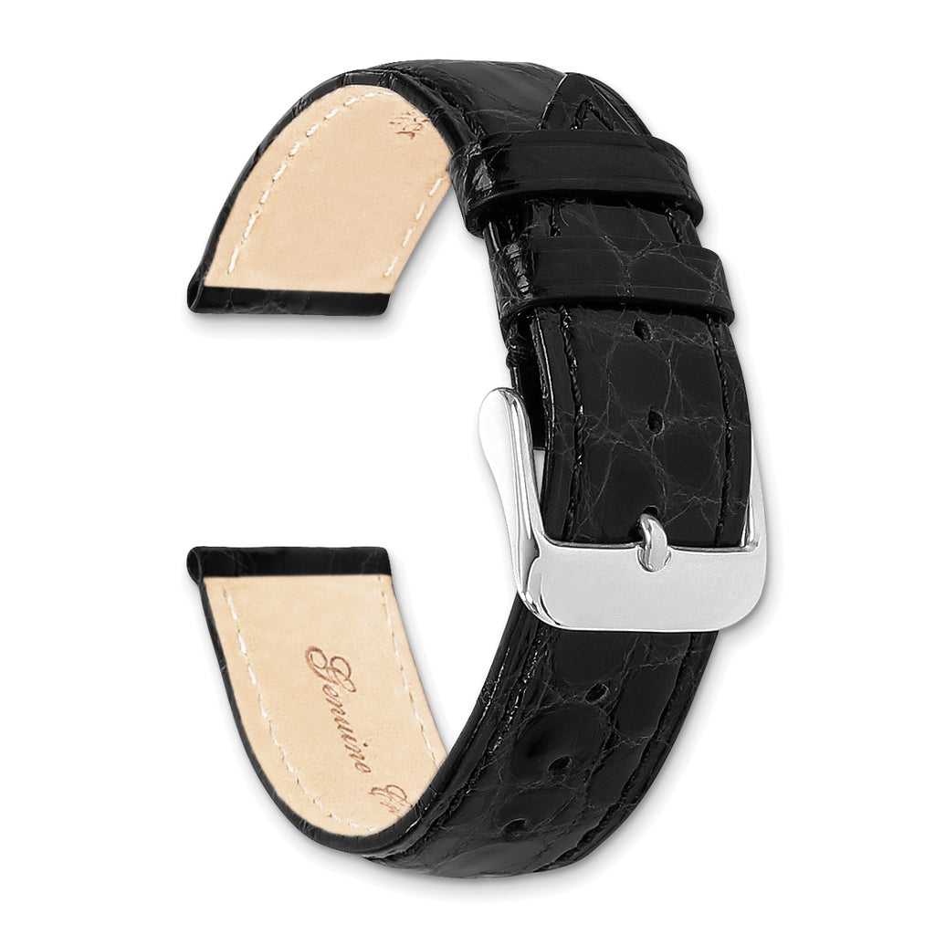 10mm Long Black Genuine Caiman Leather with Silver-tone Buckle 7.75 inch Watch Band