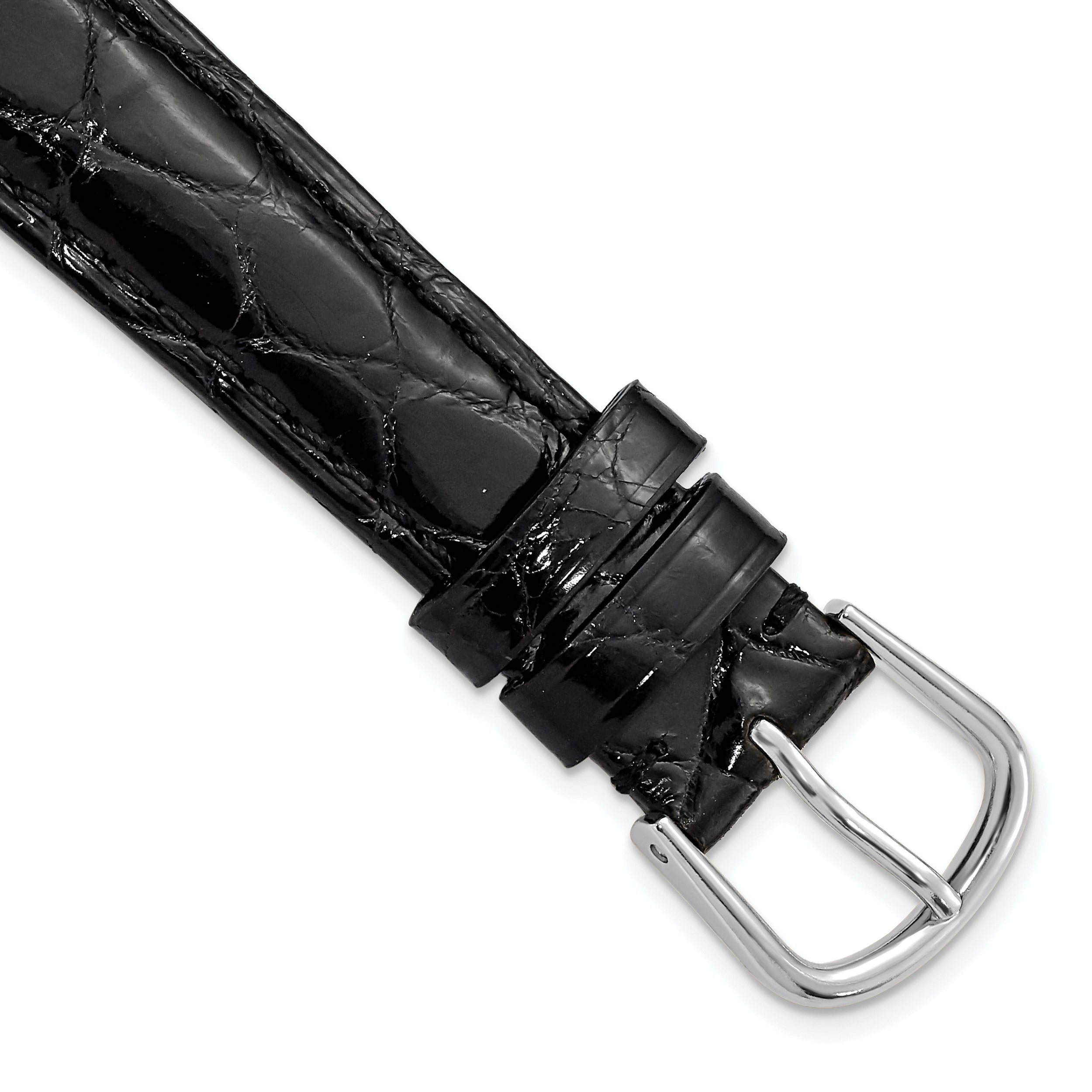 17mm Long Black Genuine Caiman Leather with Silver-tone Buckle 8.5 inch Watch Band