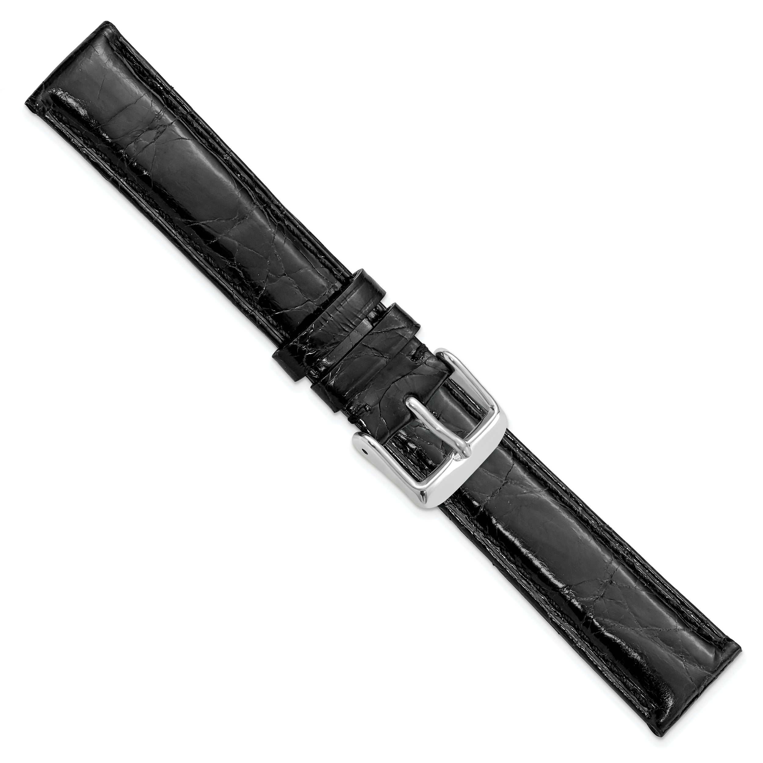 18mm Black Genuine Caiman Leather with Silver-tone Buckle 7.5 inch Watch Band