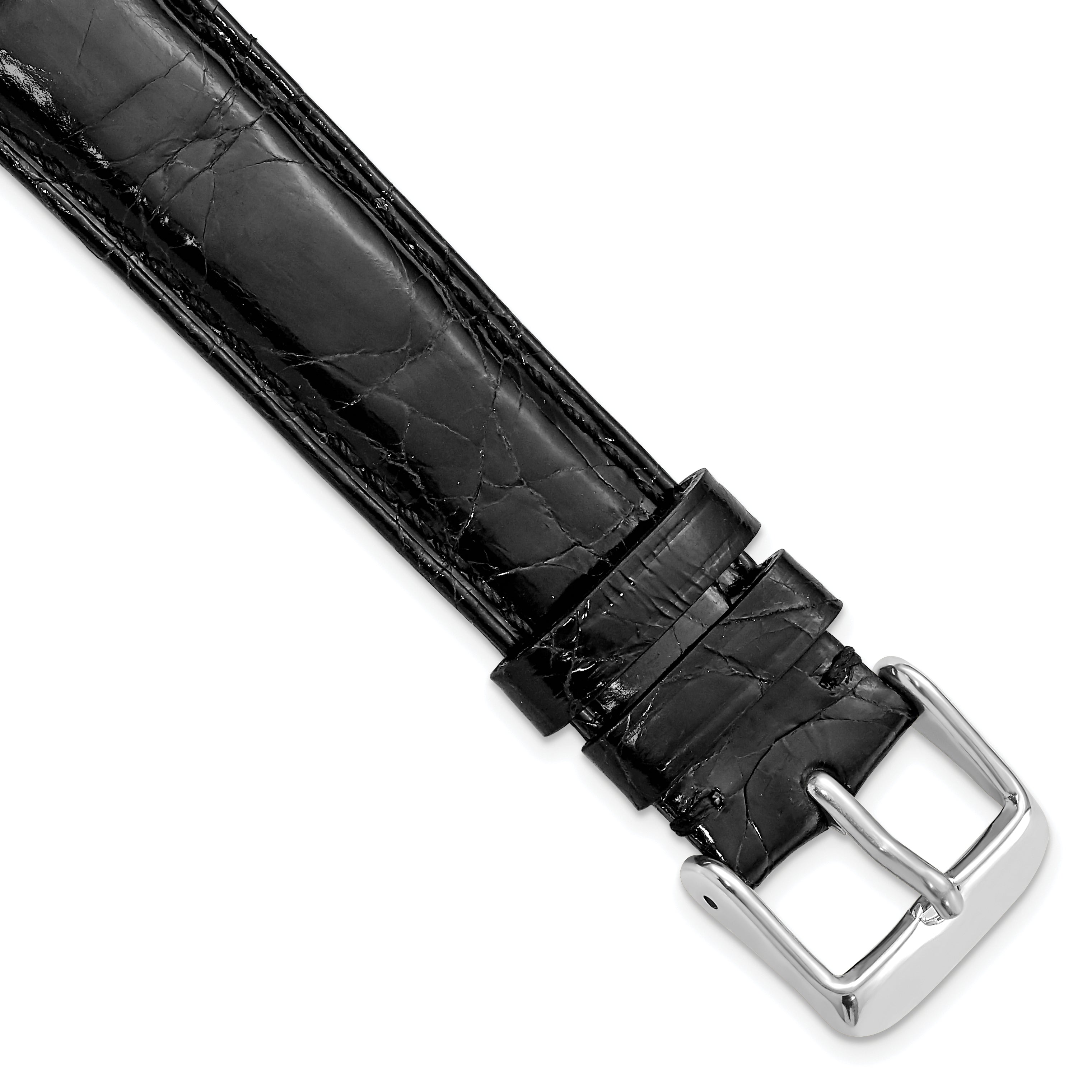 18mm Black Genuine Caiman Leather with Silver-tone Buckle 7.5 inch Watch Band