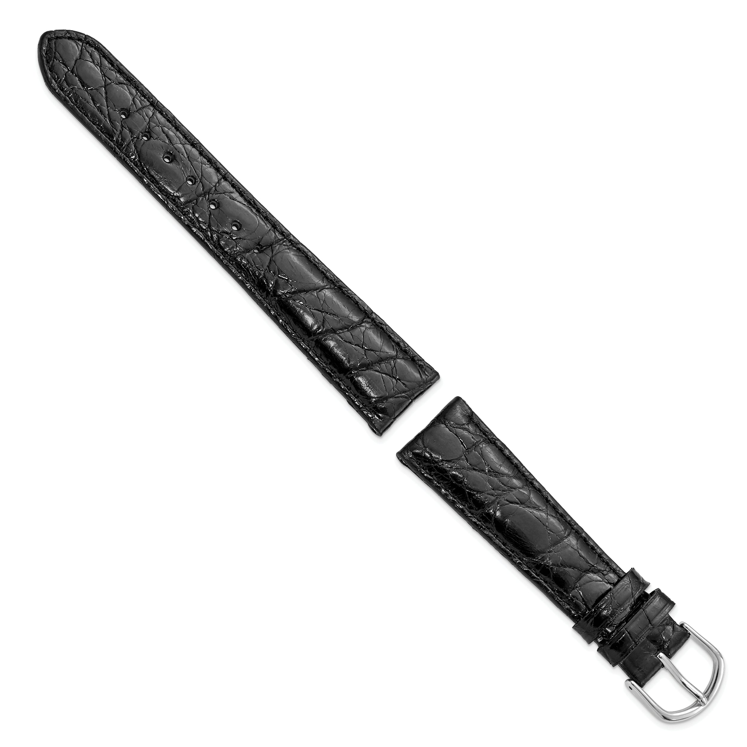 19mm Long Black Genuine Caiman Leather with Silver-tone Buckle 8.5 inch Watch Band