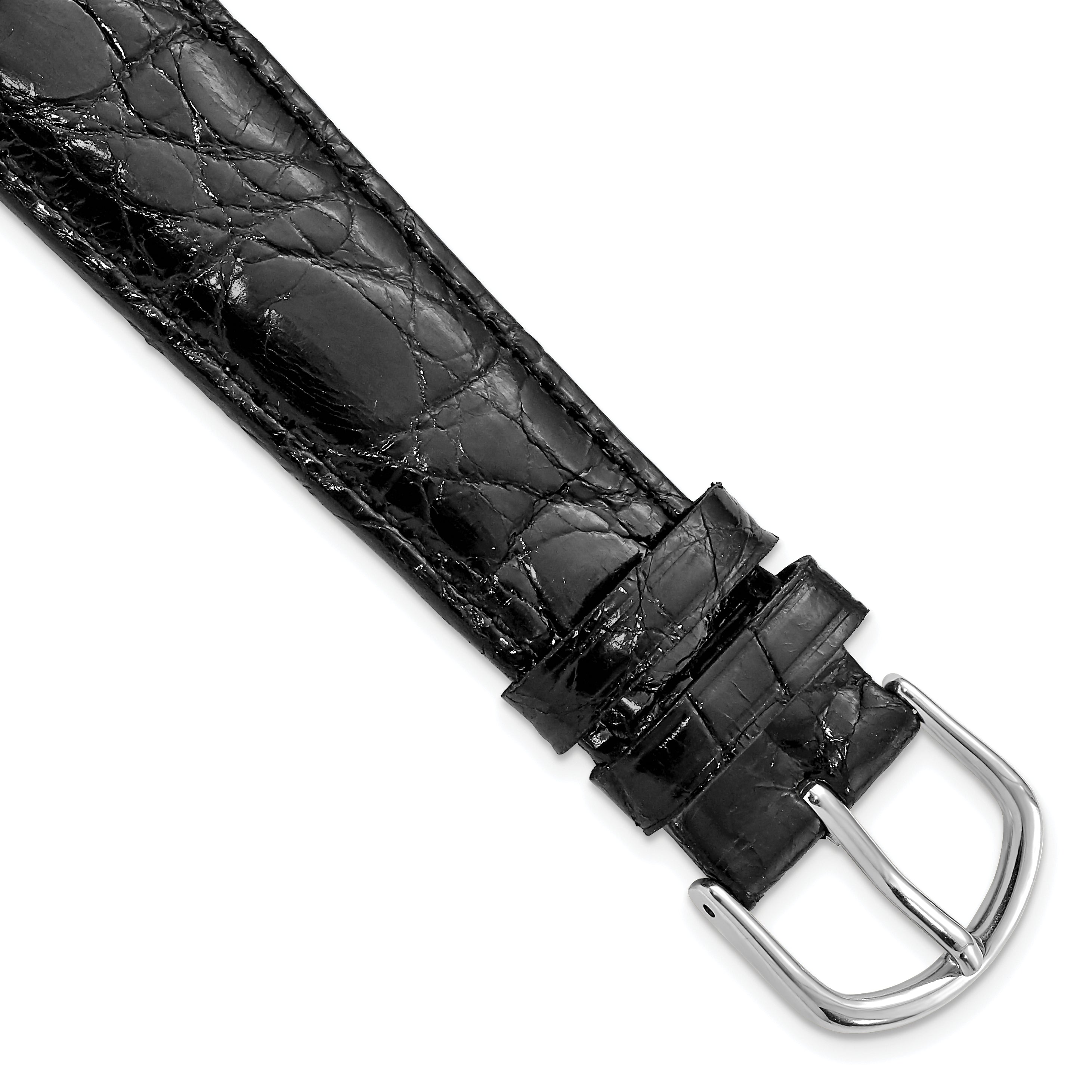 19mm Long Black Genuine Caiman Leather with Silver-tone Buckle 8.5 inch Watch Band