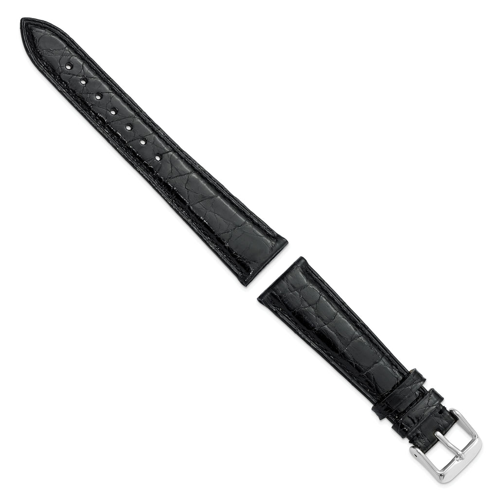 DeBeer 20mm Long Black Genuine Caiman Leather with Silver-tone Buckle 8.5 inch Watch Band