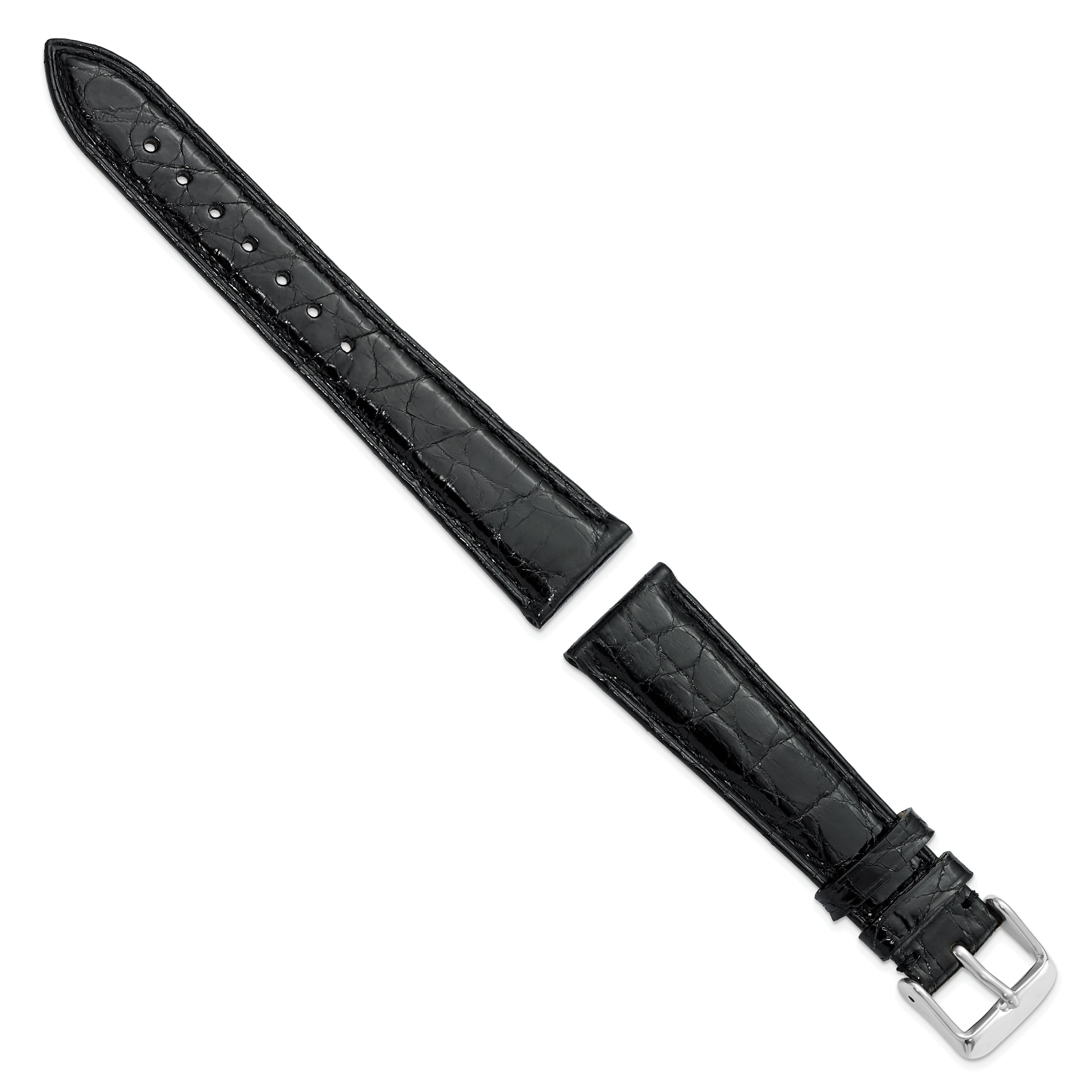 22mm Long Black Genuine Caiman Leather with Silver-tone Buckle 8.5 inch Watch Band