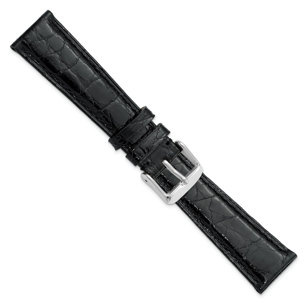 DeBeer 20mm Long Black Genuine Caiman Leather with Silver-tone Buckle 8.5 inch Watch Band