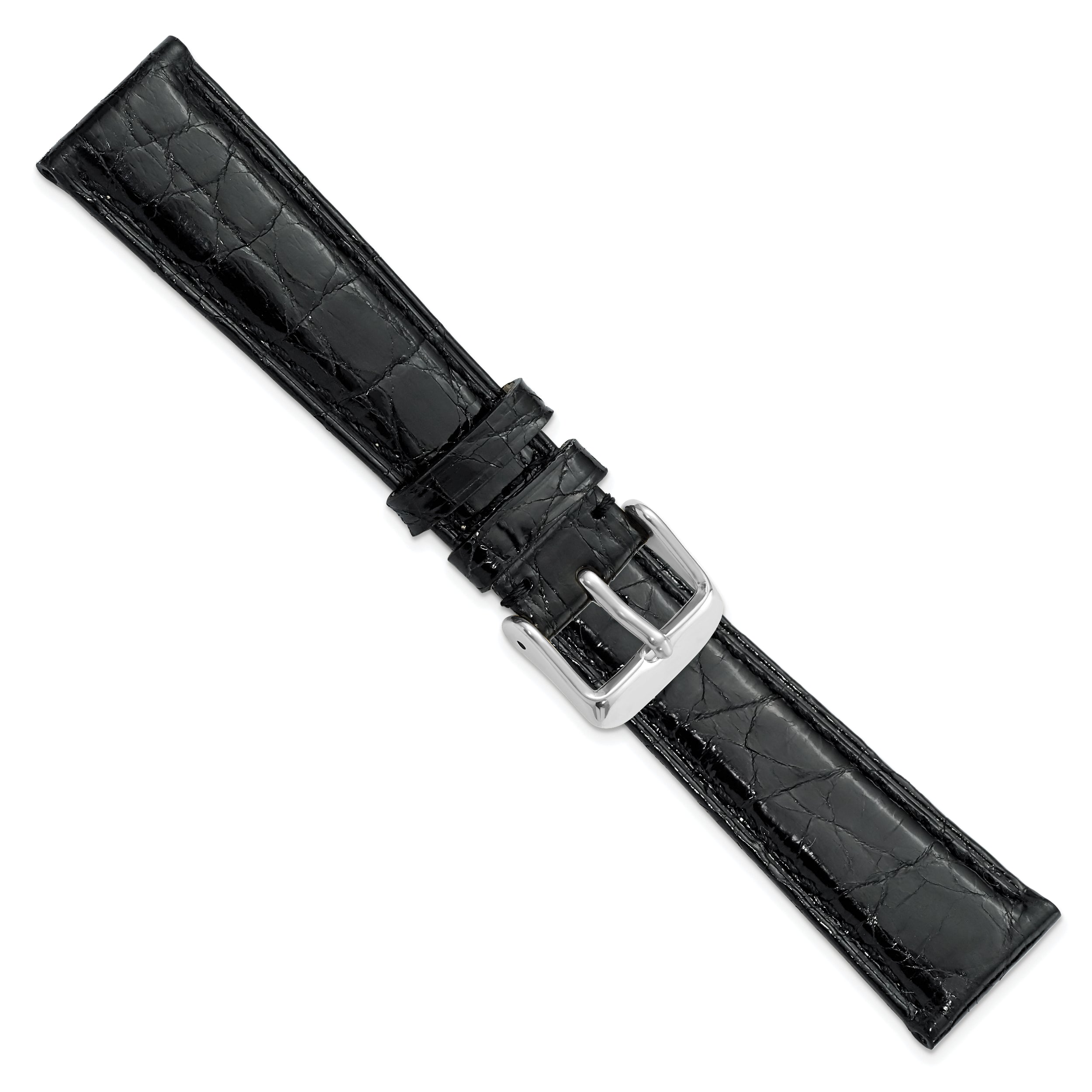 22mm Long Black Genuine Caiman Leather with Silver-tone Buckle 8.5 inch Watch Band