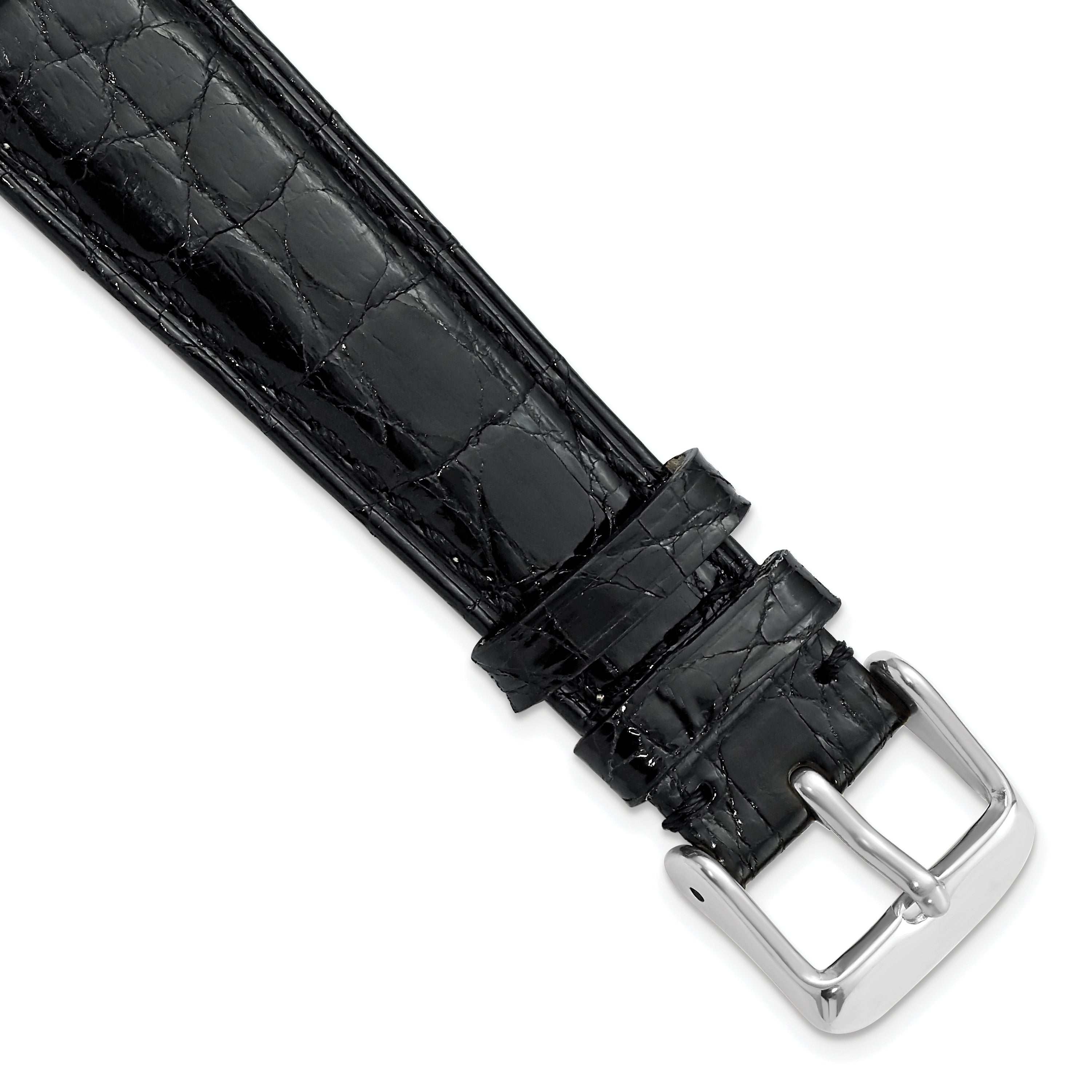 22mm Long Black Genuine Caiman Leather with Silver-tone Buckle 8.5 inch Watch Band
