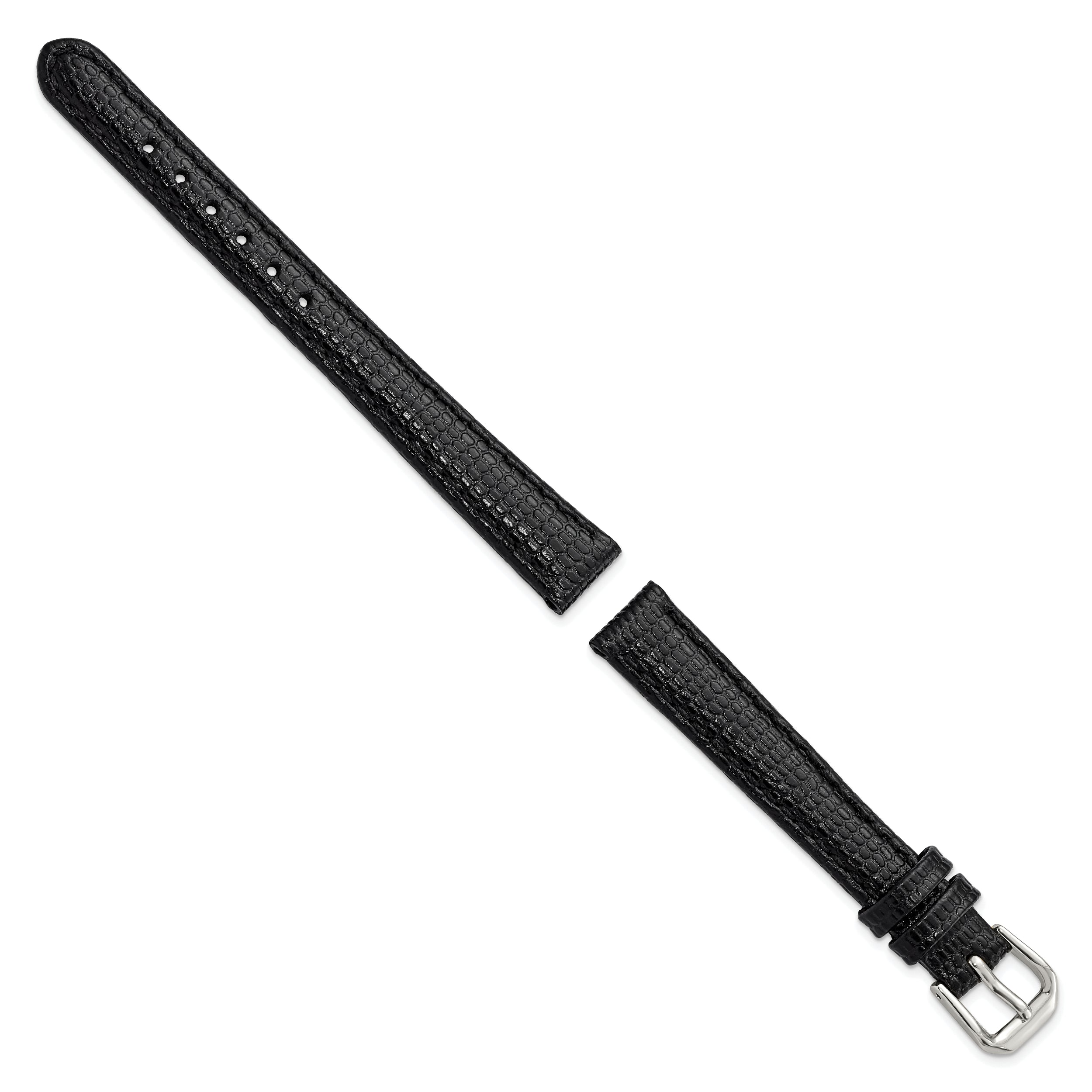 12mm Black Lizard Grain Leather with Silver-tone Buckle 6.75 inch Watch Band