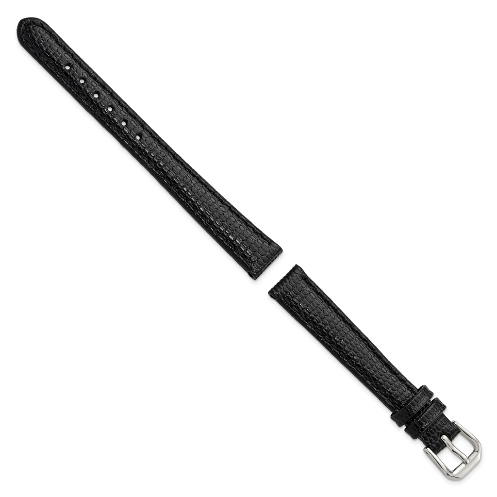 12mm Black Lizard Grain Leather with Silver-tone Buckle 6.75 inch Watch Band